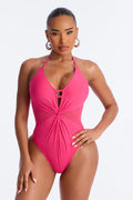 Seas The Day O-Ring Ruching 1 Piece Swimsuit - Hot Pink