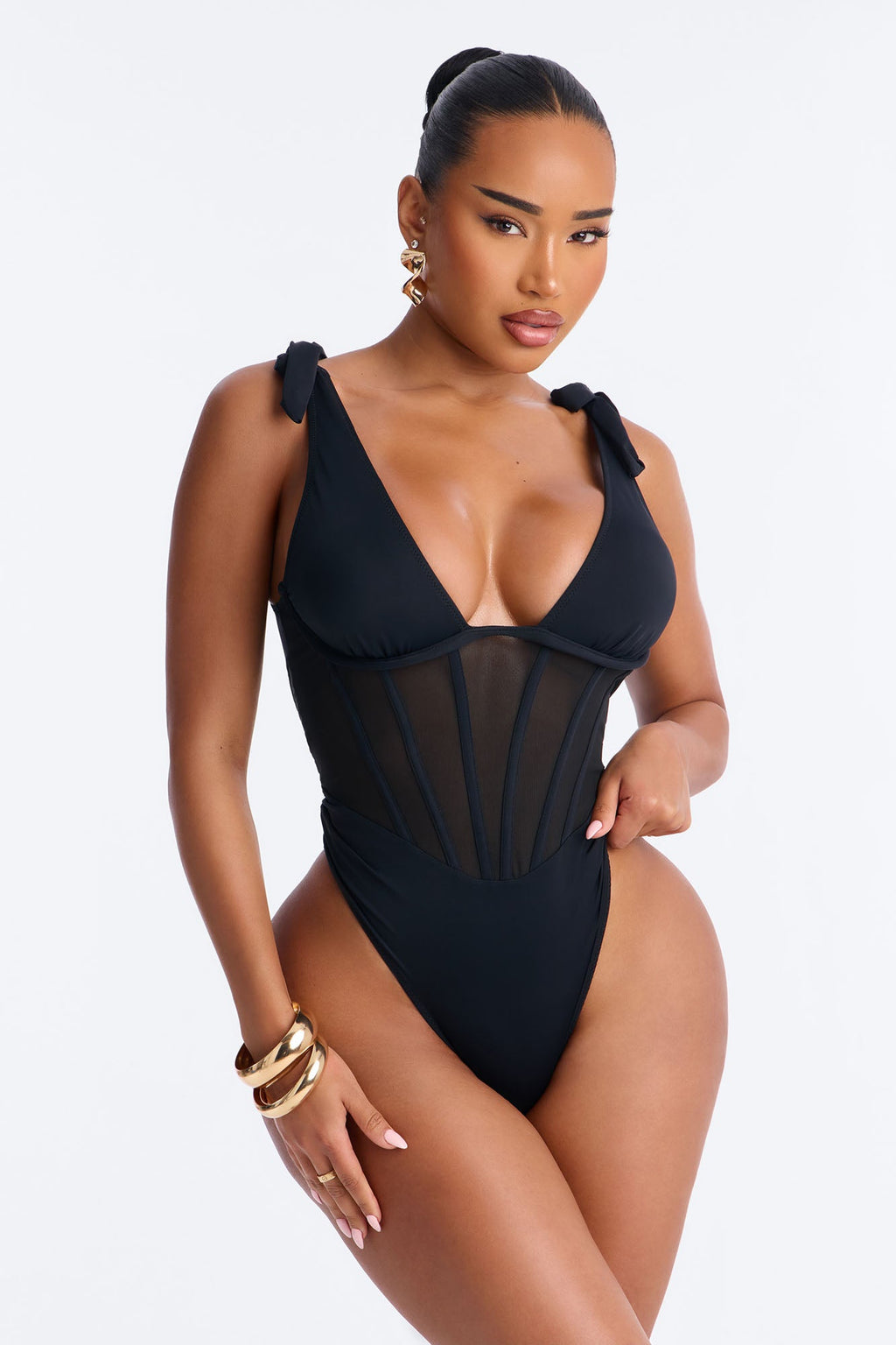 Tropic Like It's Hot Underwire Shoulder Ties 1 Piece Swimsuit - Black