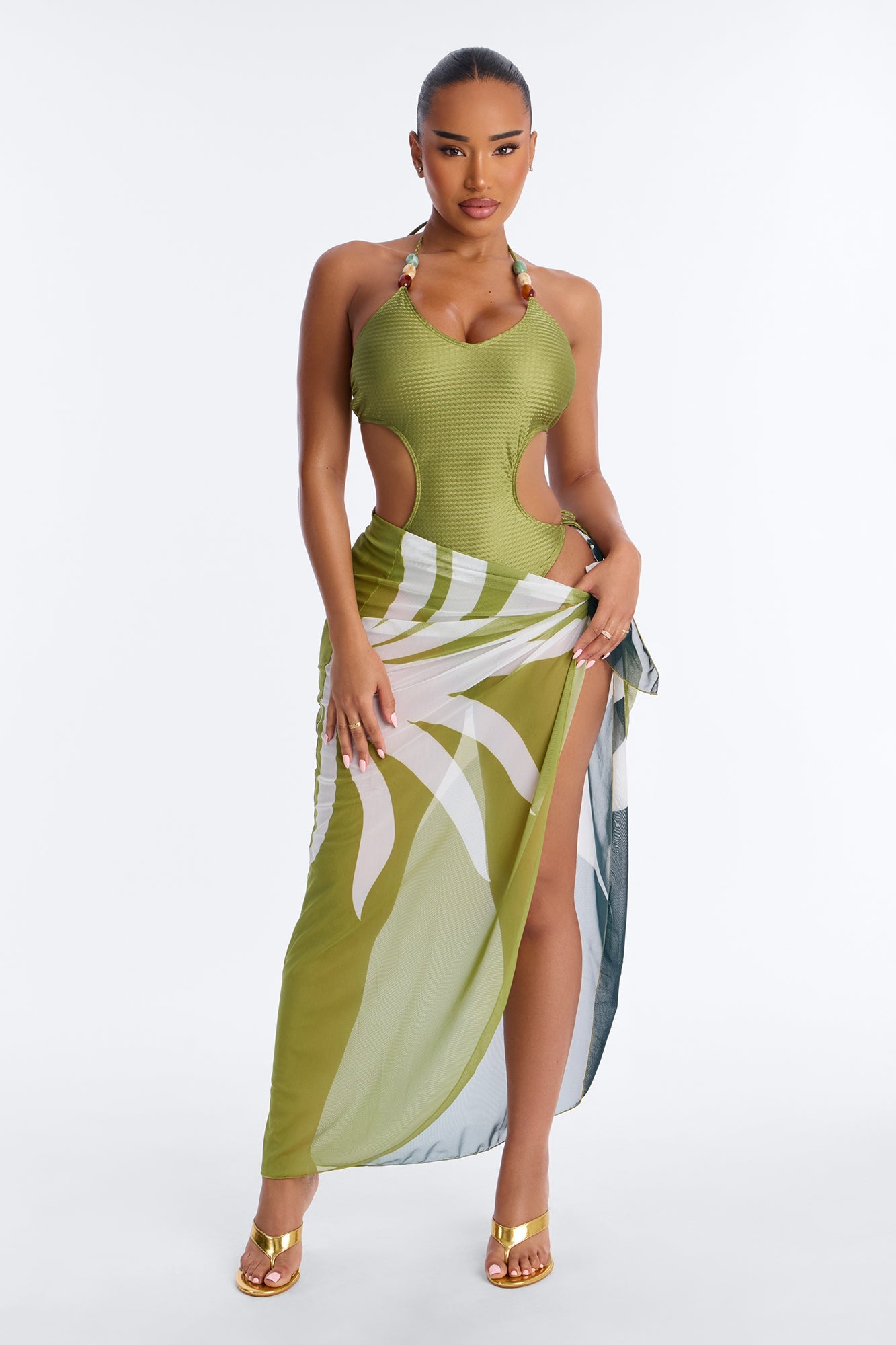 Waiting For The Sunset 1 Piece Swimsuit And Sarong - Green/combo
