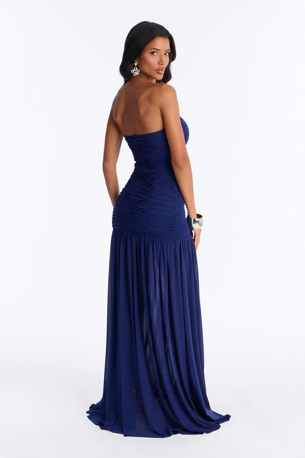 Soft Glam Ruched Mesh Gown - Navy