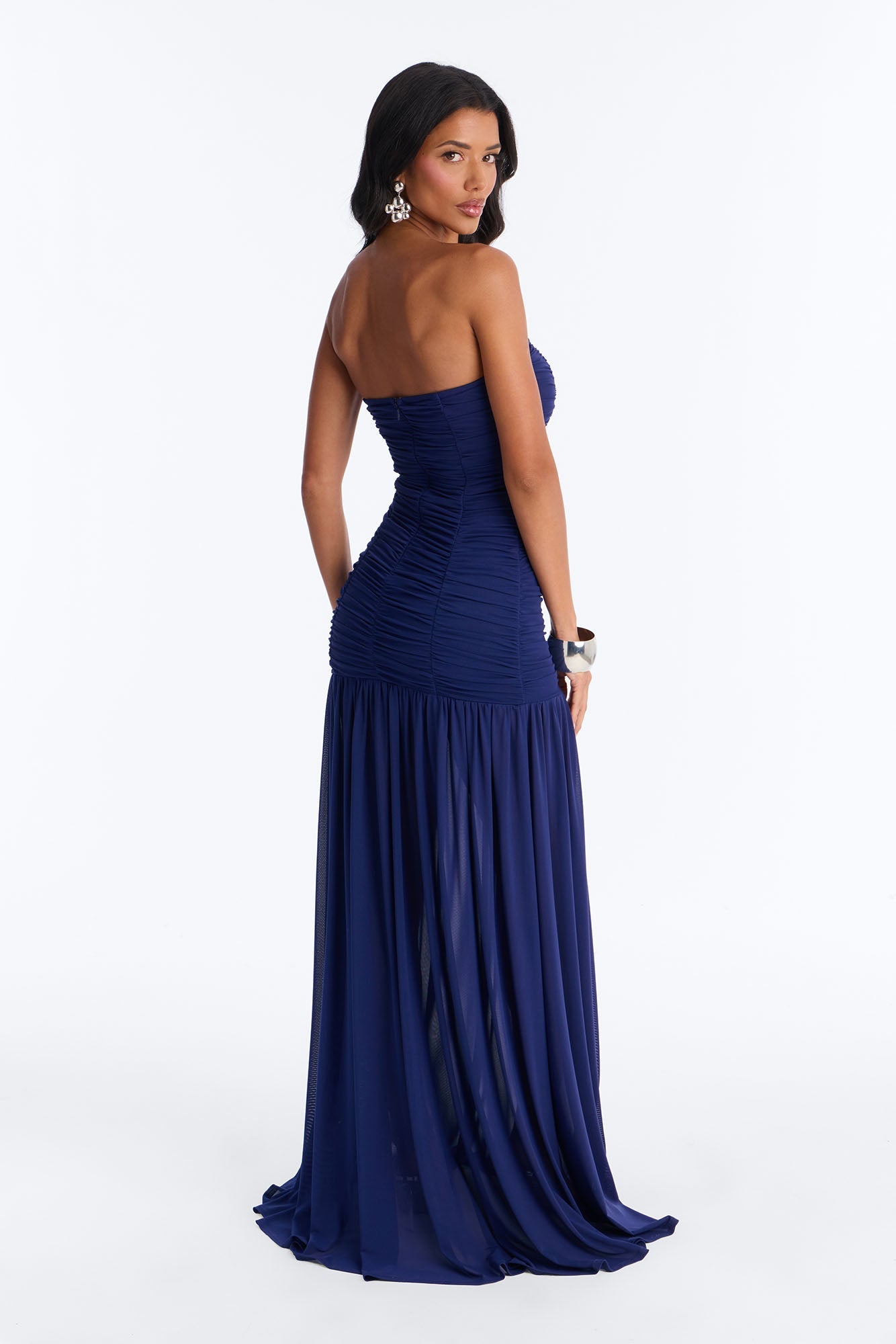 Soft Glam Ruched Mesh Gown - Navy