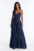 Belle Denim Tiered Wide Leg Jumpsuit - Dark Wash
