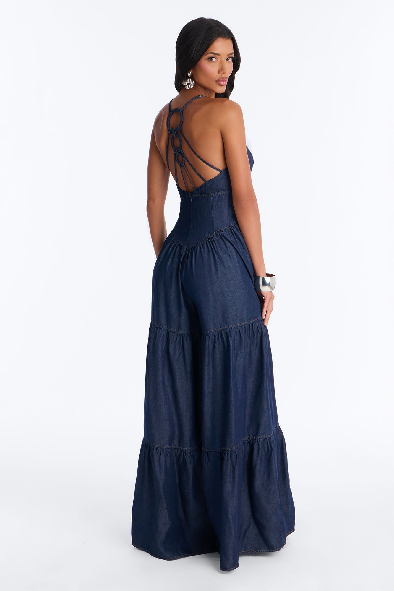 Belle Denim Tiered Wide Leg Jumpsuit - Dark Wash