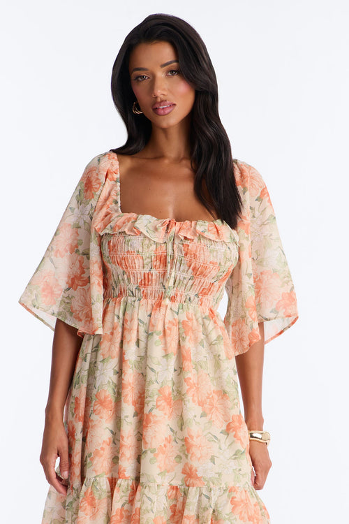 Christina Floral Chiffon Midi Dress - Orange/combo