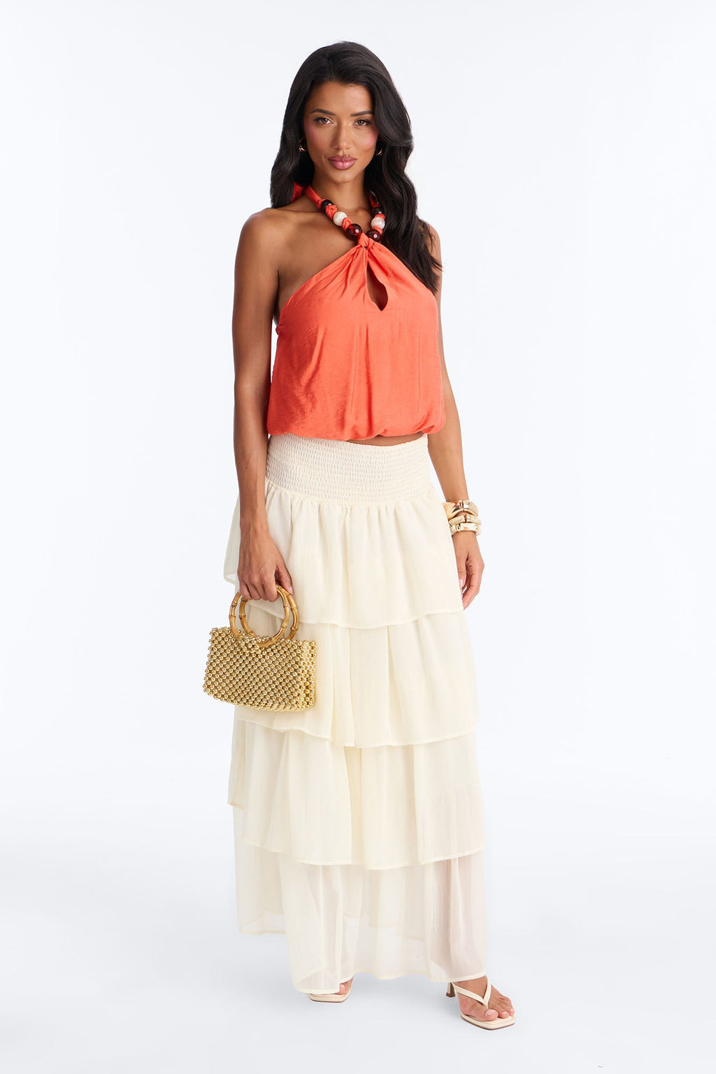 Beach Breeze Beaded Linen Halter Top - Orange