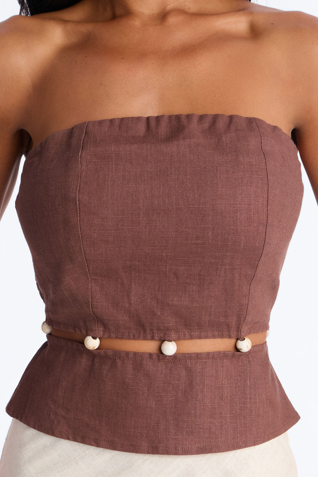 On The Guest List Beaded Linen Top - Brown