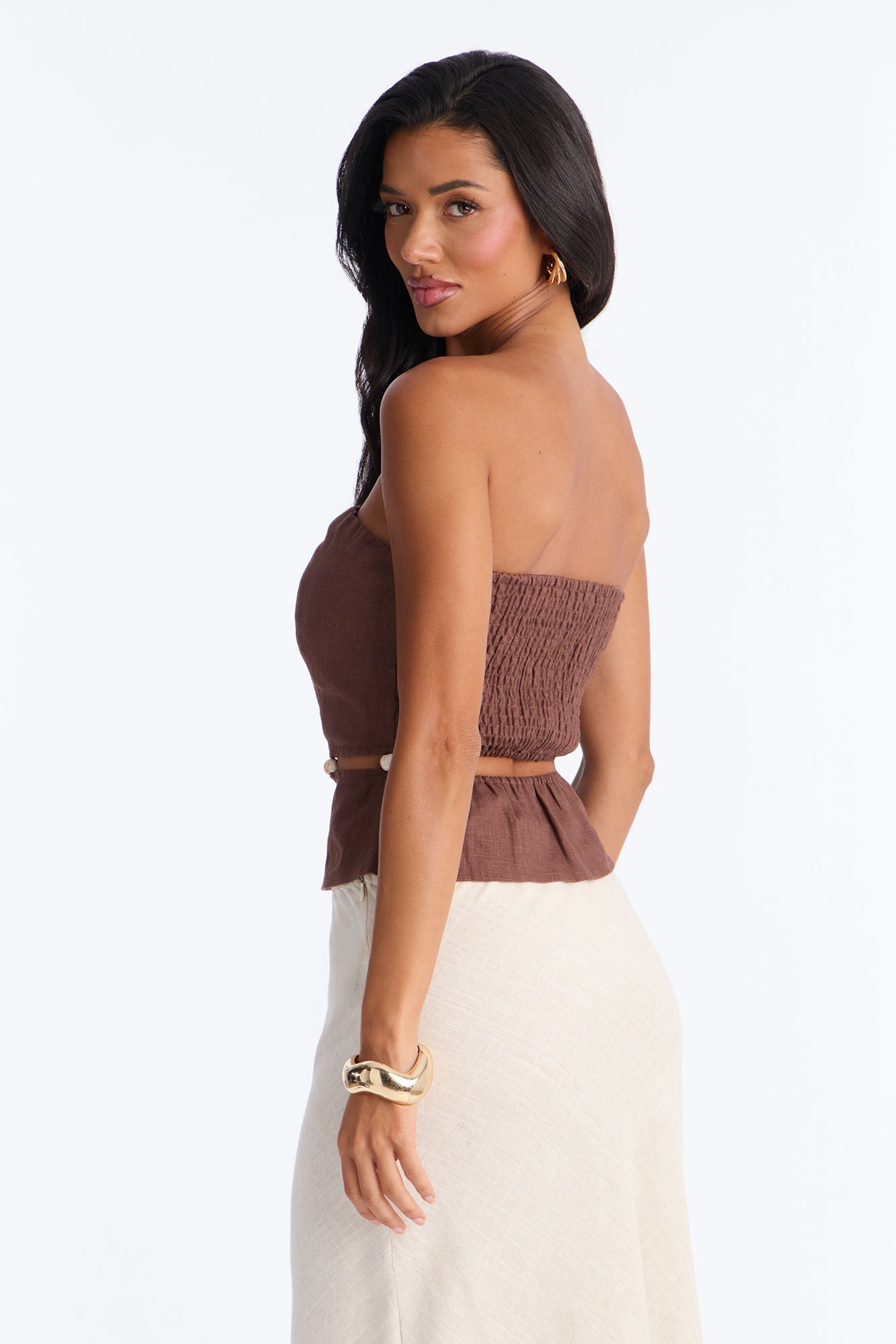 On The Guest List Beaded Linen Top - Brown