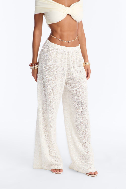 Azalea Low Rise Sequin Crochet Wide Leg Pant 33″ - White