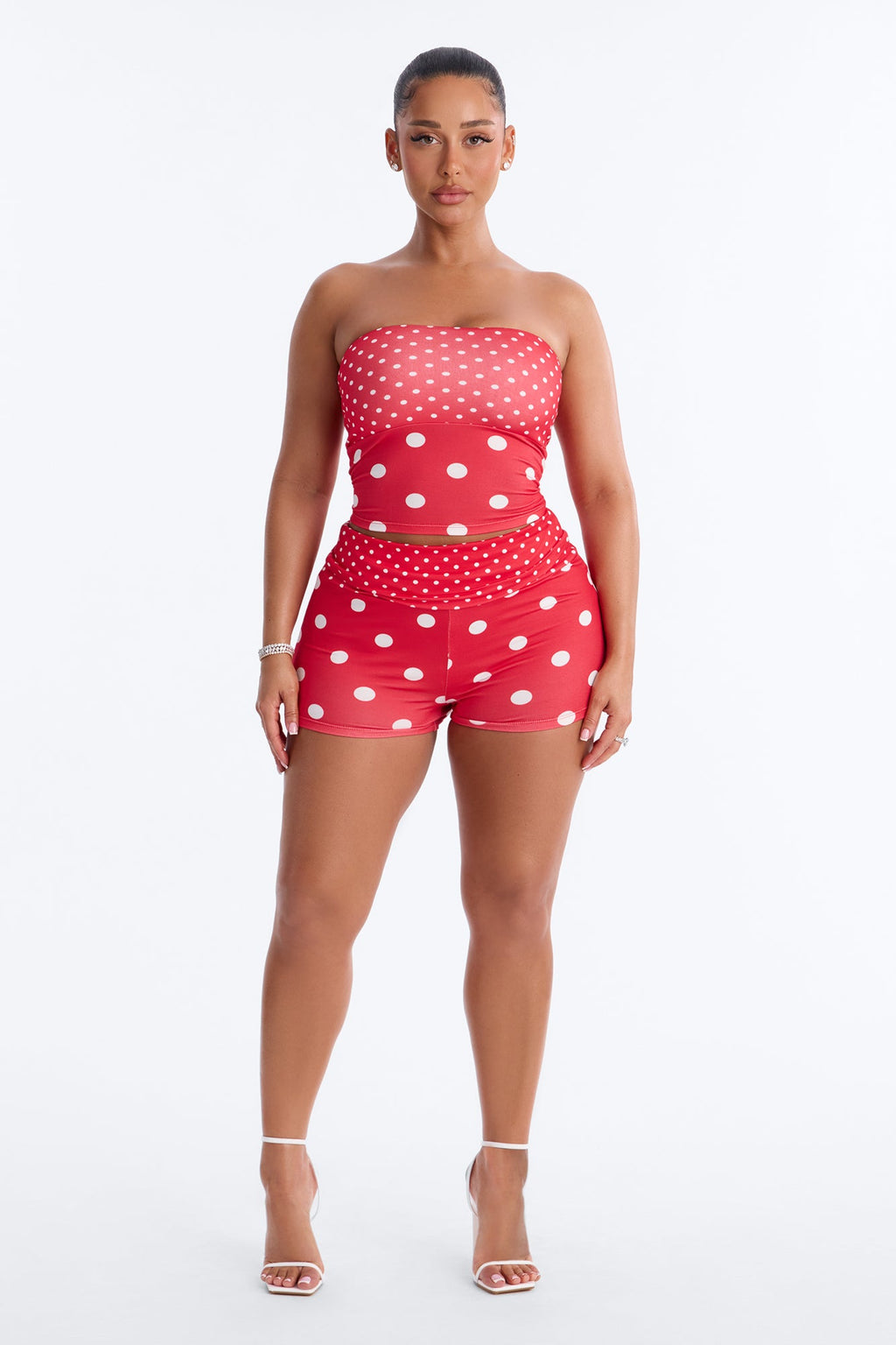 Sabrina Polka Dot Fold Over Waist Micro Short Set - Red