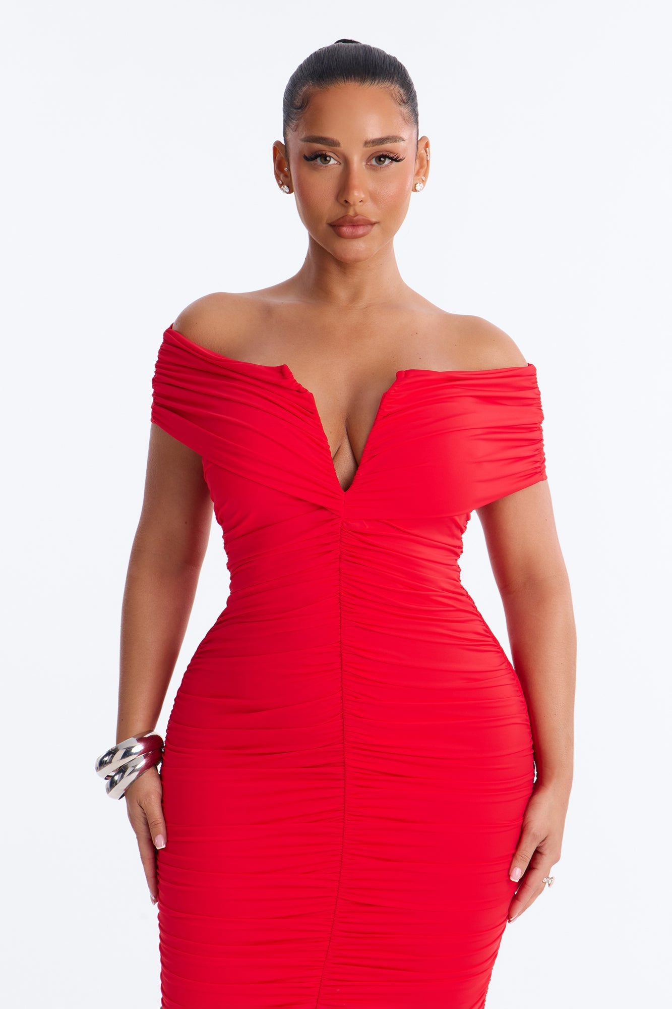 Thea Ruched Off Shoulder Midi Dress - Red