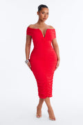 Thea Ruched Off Shoulder Midi Dress - Red