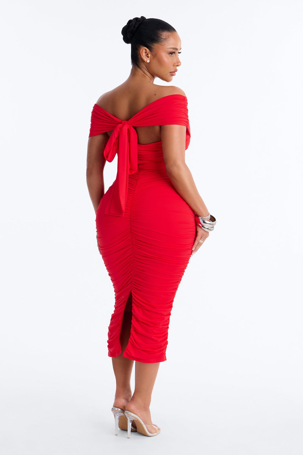 Thea Ruched Off Shoulder Midi Dress - Red