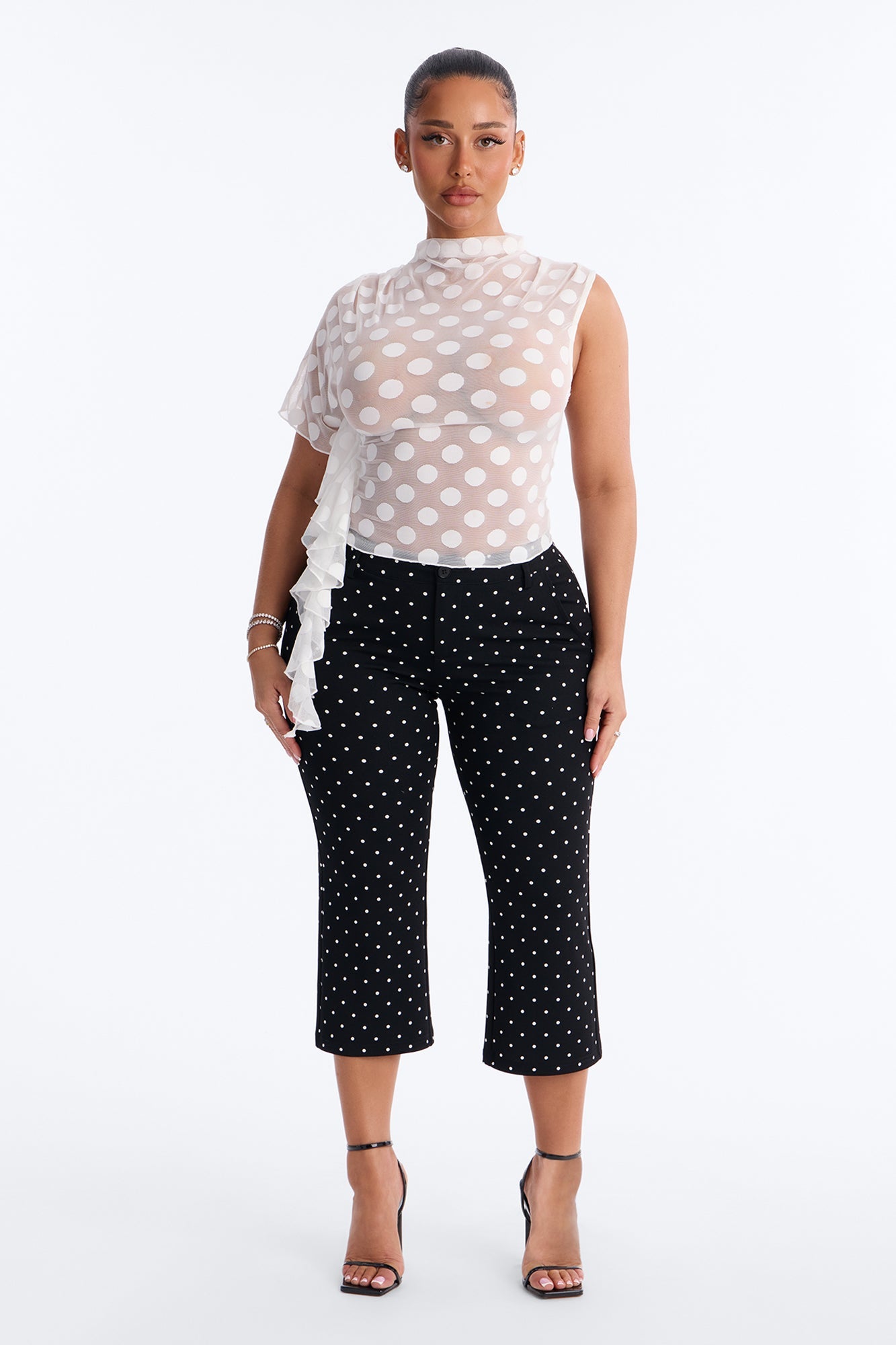 Sunday Brunch Polka Dot Mesh One Shoulder Top - White