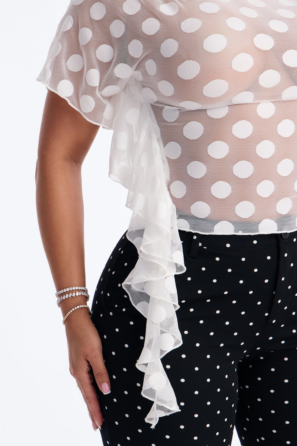 Sunday Brunch Polka Dot Mesh One Shoulder Top - White