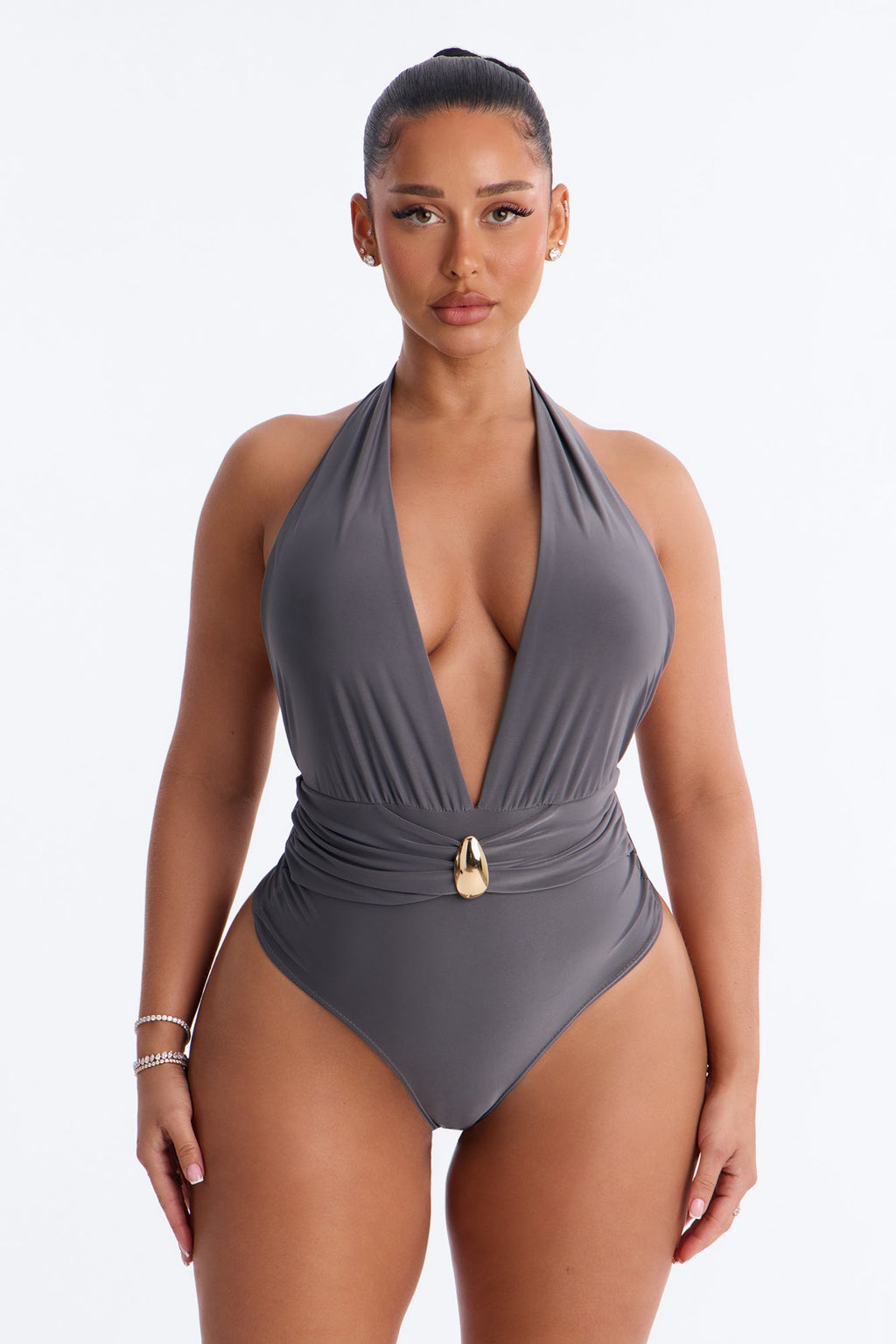 Melinia Deep V-Neck Halter Bodysuit - Charcoal