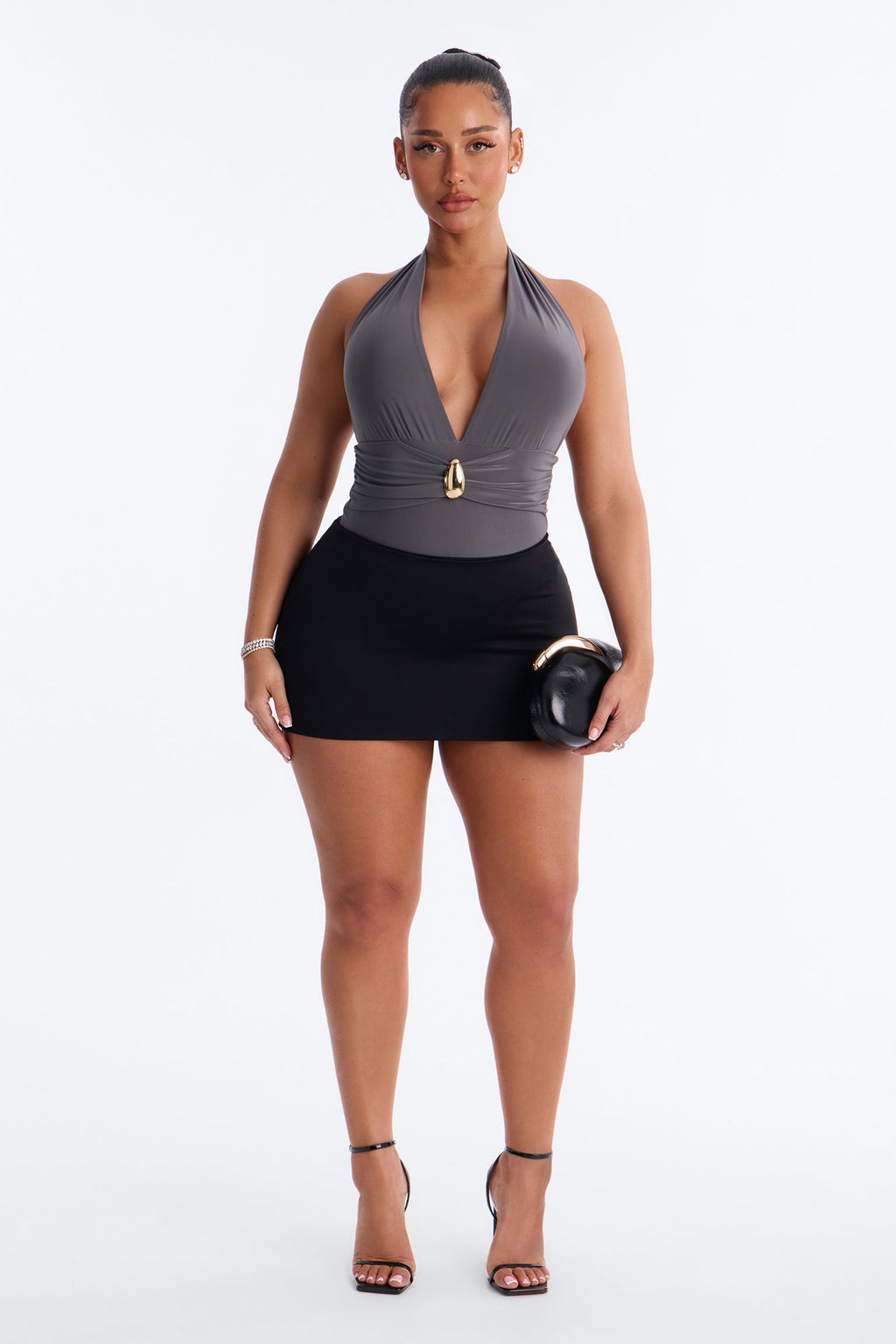 Melinia Deep V-Neck Halter Bodysuit - Charcoal