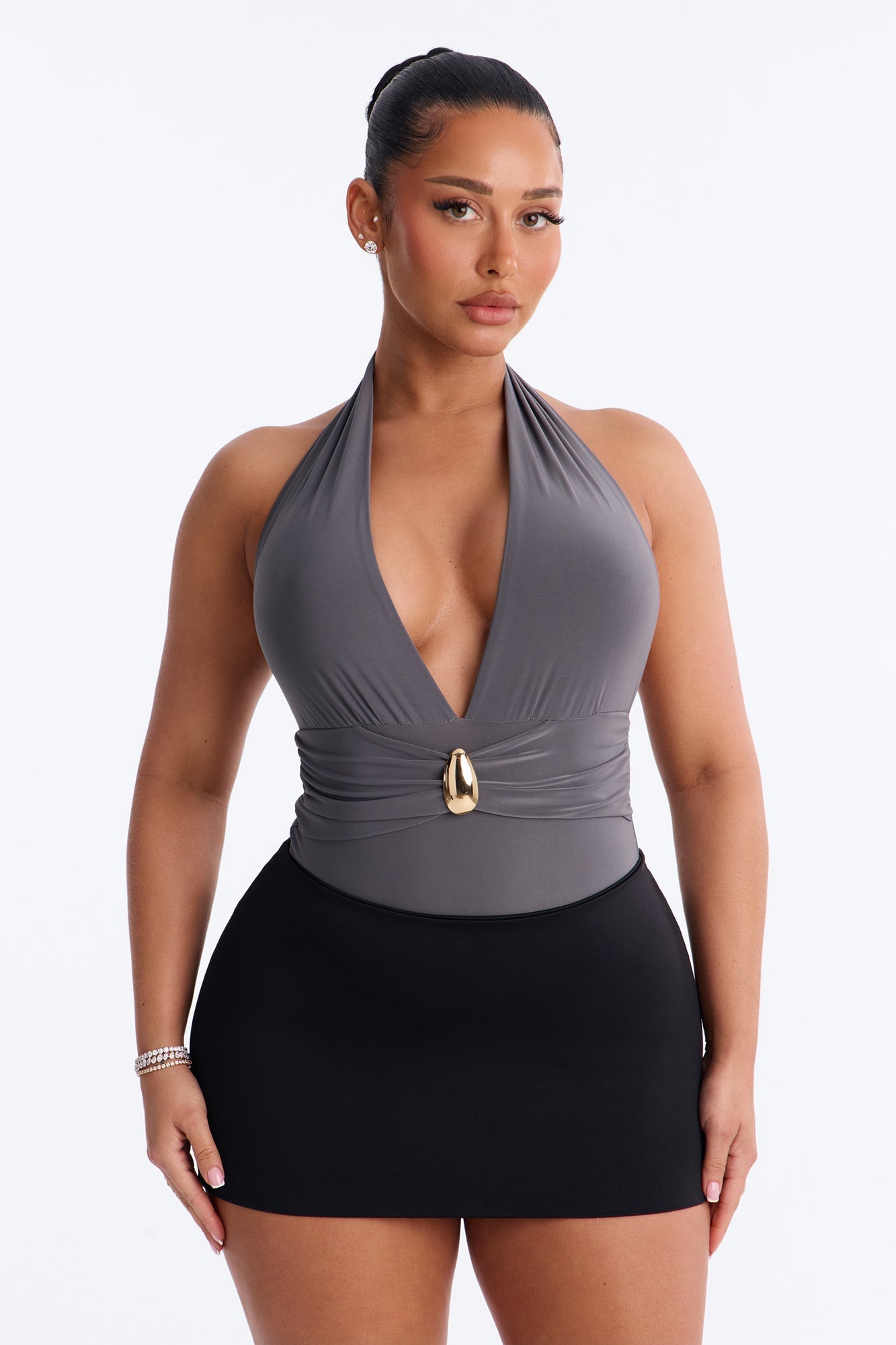 Melinia Deep V-Neck Halter Bodysuit - Charcoal