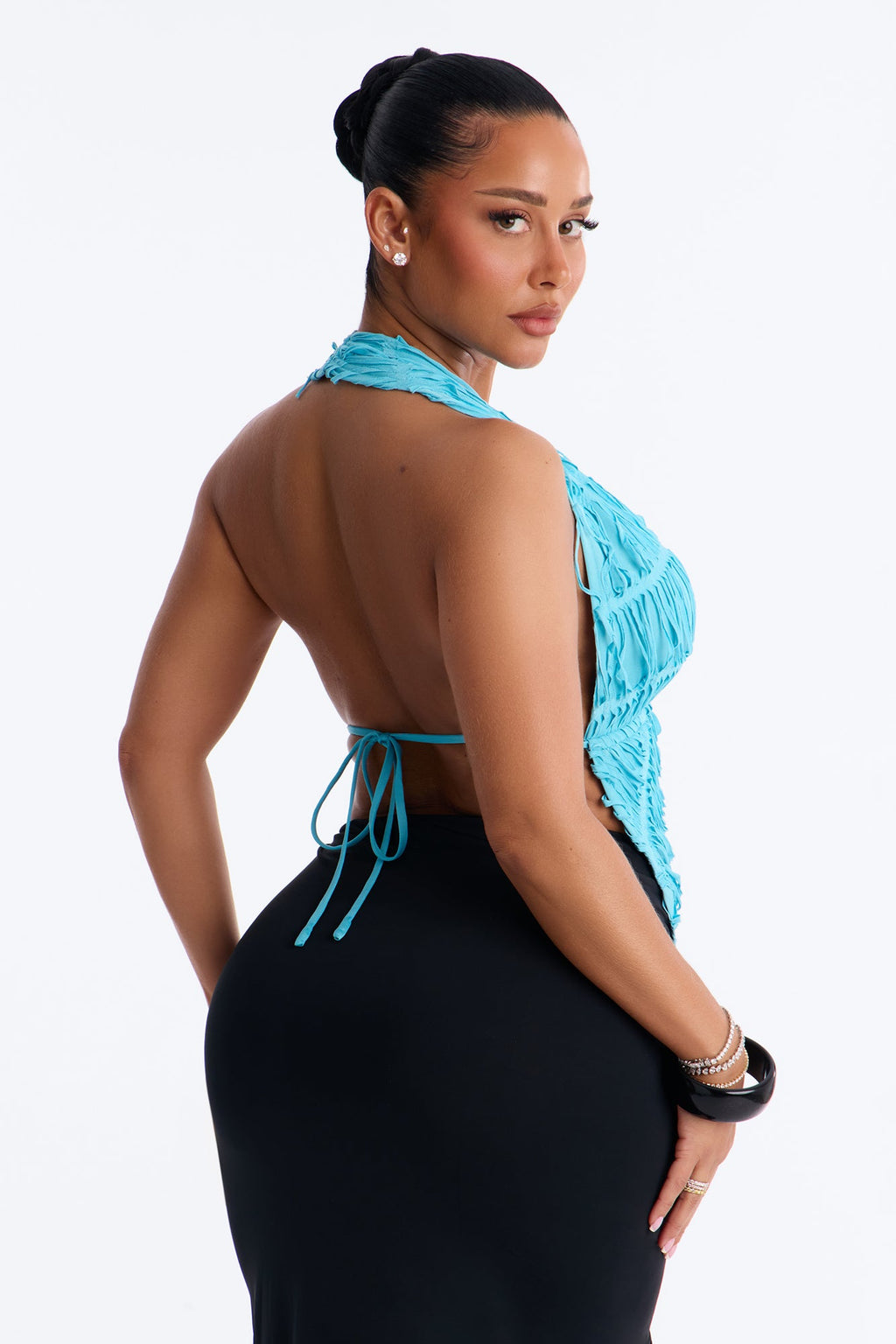 Playa Paradise Textured Deep Cowl Halter Top - Blue