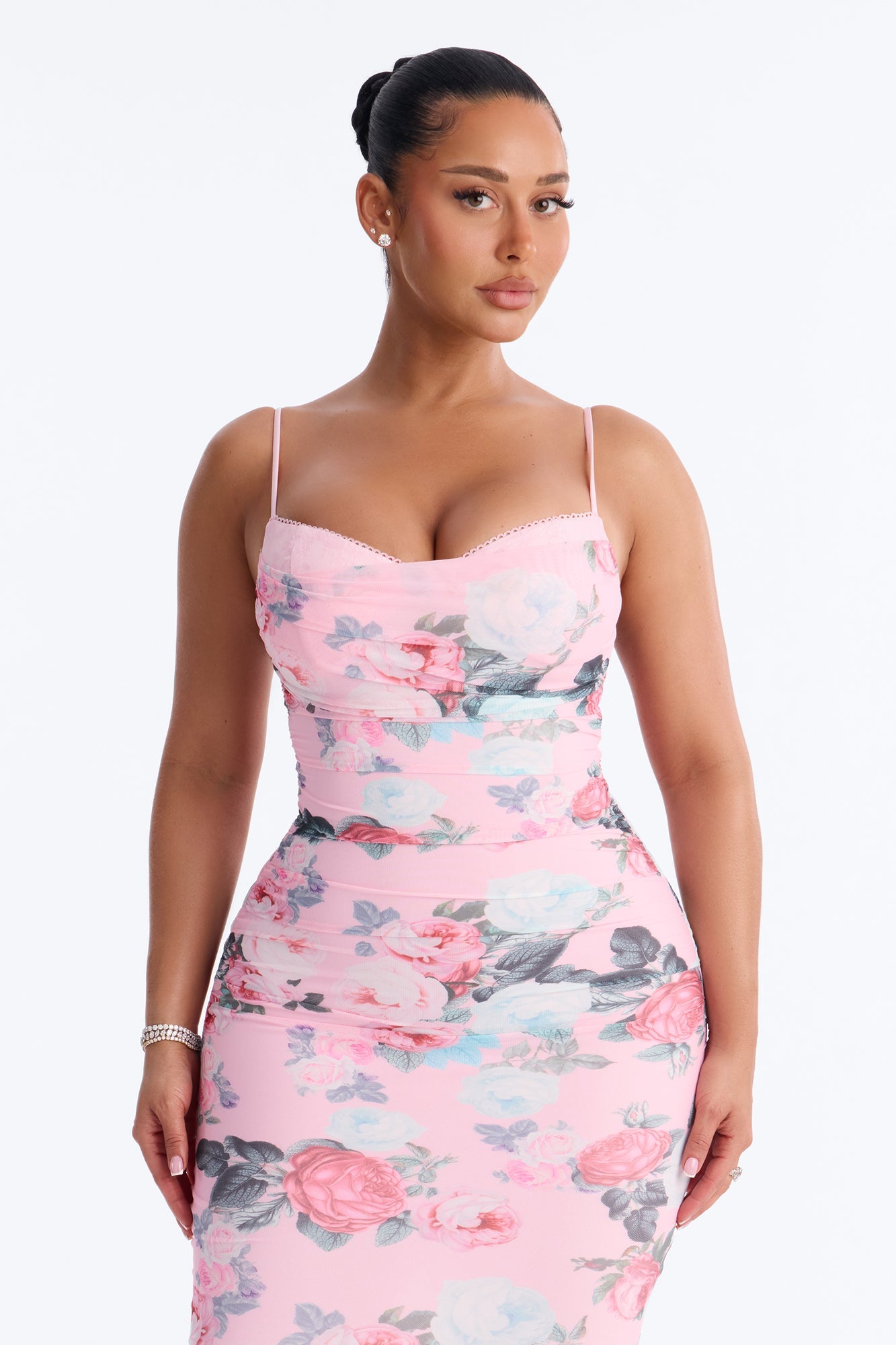 Grace Ruched Floral Mesh Midi Dress - Pink/combo