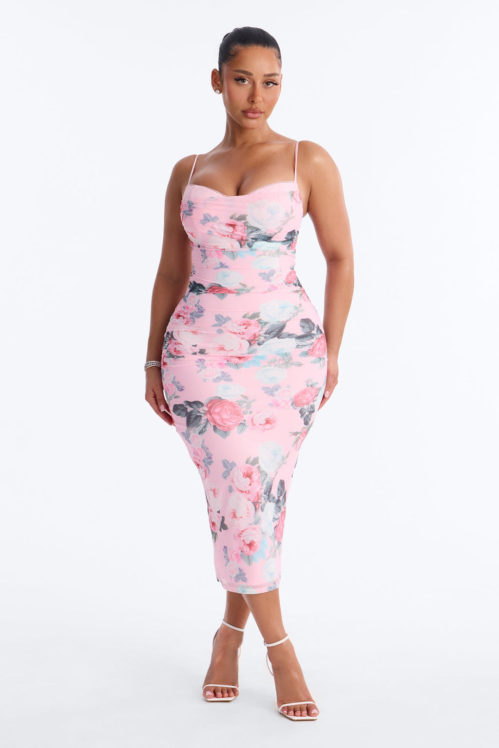 Grace Ruched Floral Mesh Midi Dress - Pink/combo