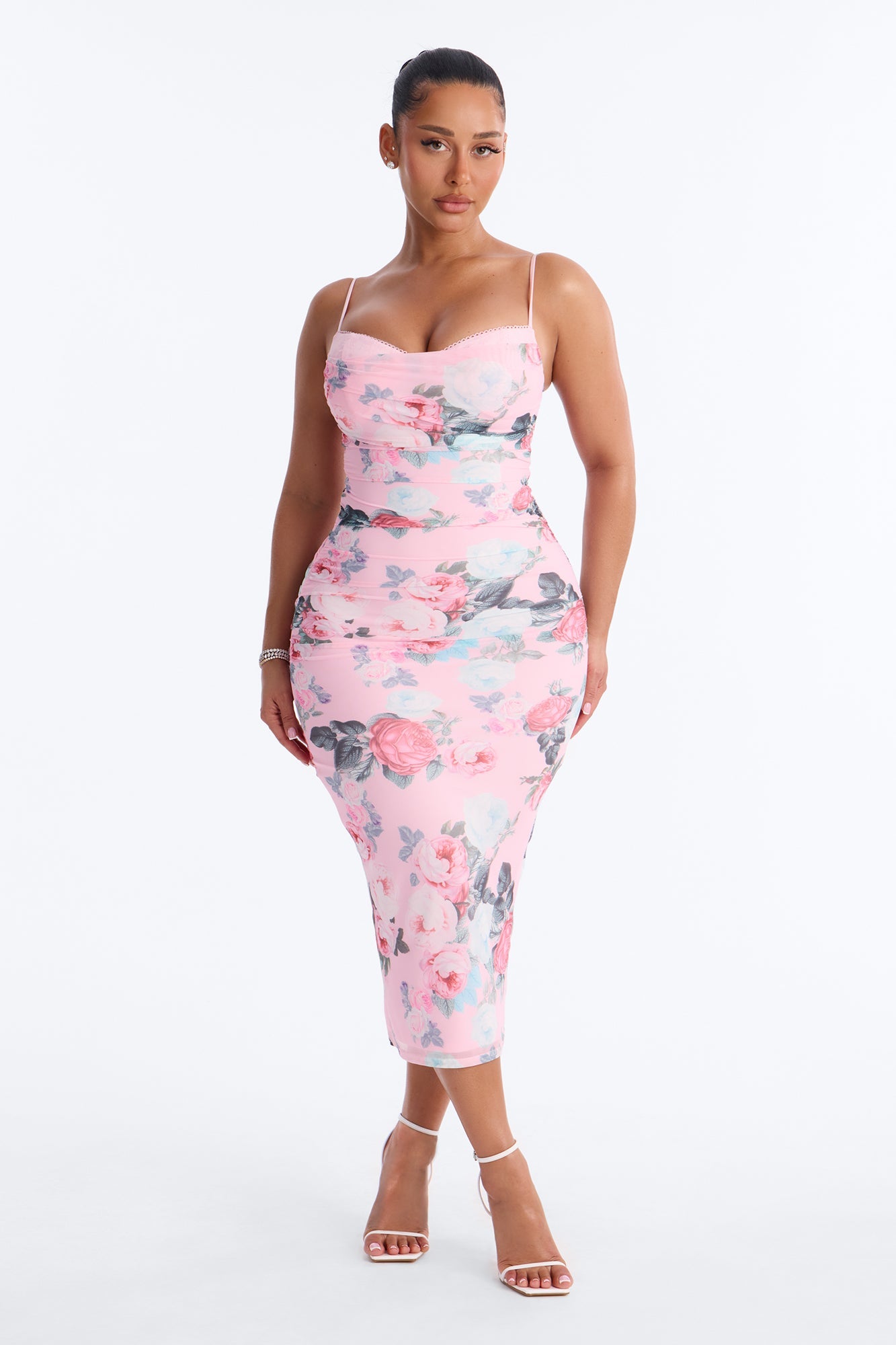 Grace Ruched Floral Mesh Midi Dress - Pink/combo