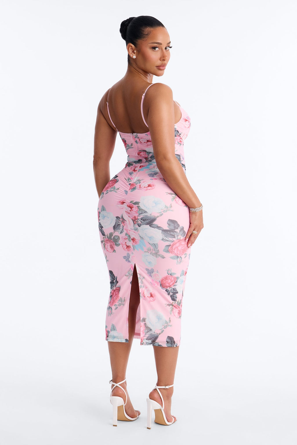 Grace Ruched Floral Mesh Midi Dress - Pink/combo