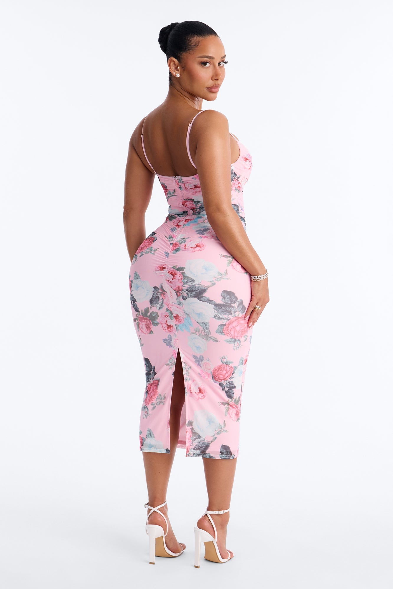 Grace Ruched Floral Mesh Midi Dress - Pink/combo