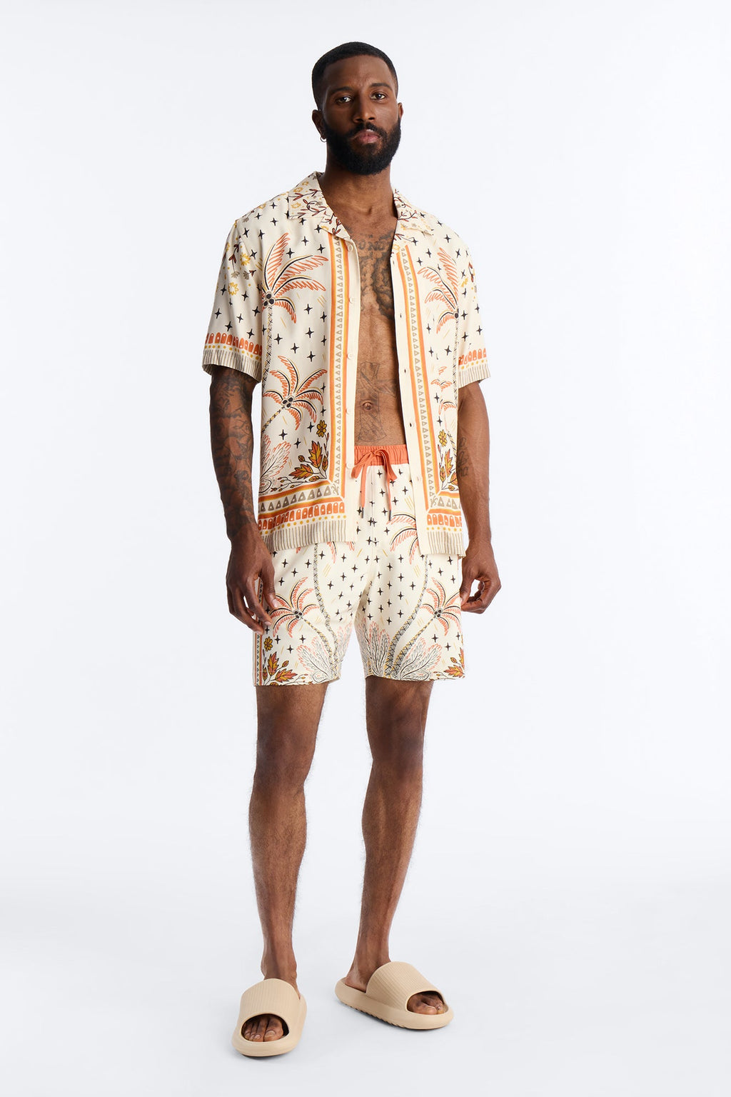 Tropical Twilight Resort Short Sleeve Cuban Collar Shirt - Off White