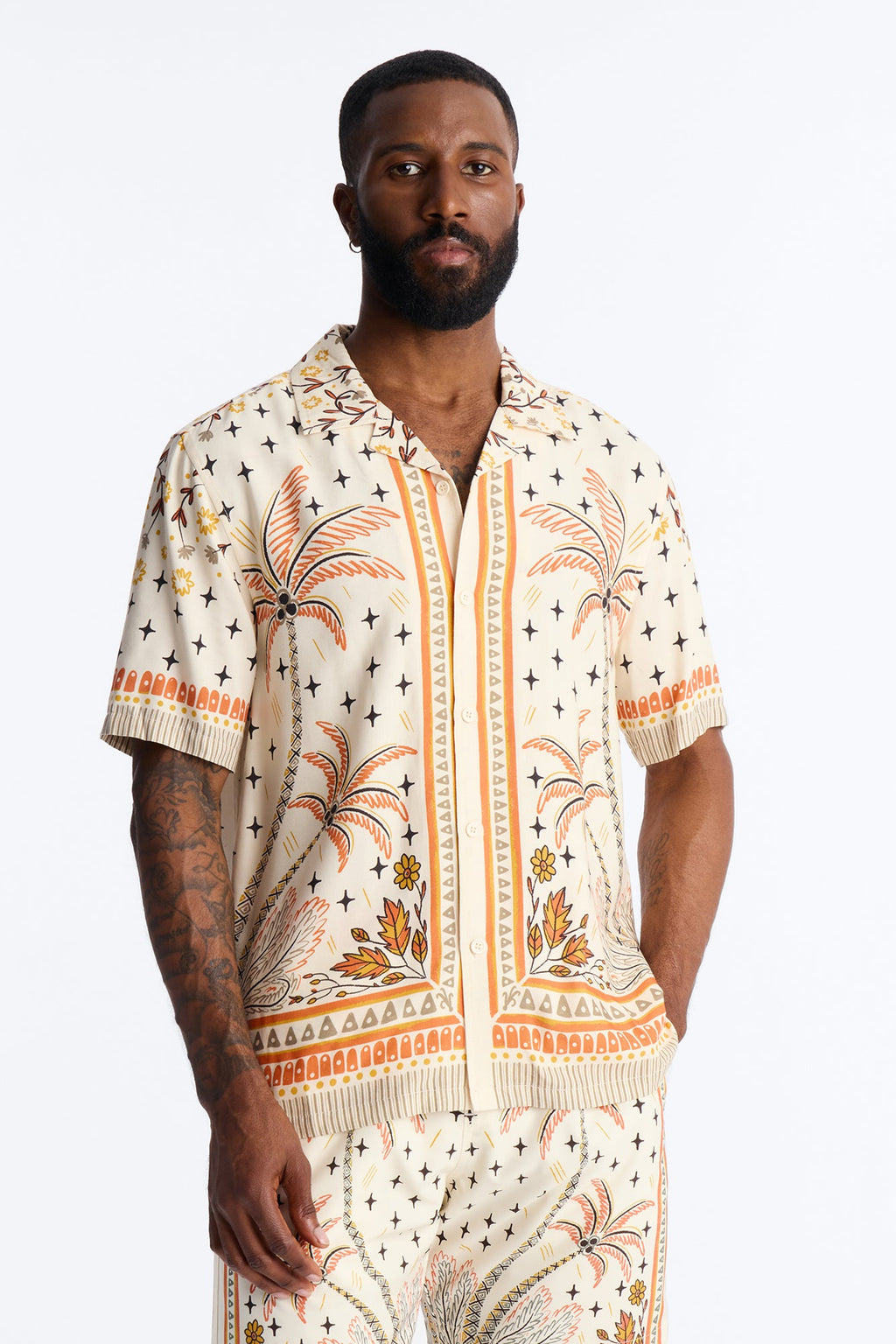 Tropical Twilight Resort Short Sleeve Cuban Collar Shirt - Off White