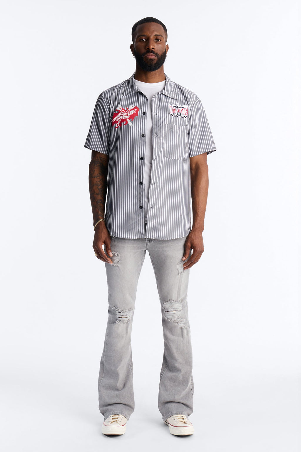 Essential Destroyed Stacked Slim Flare Stretch Jean - Grey