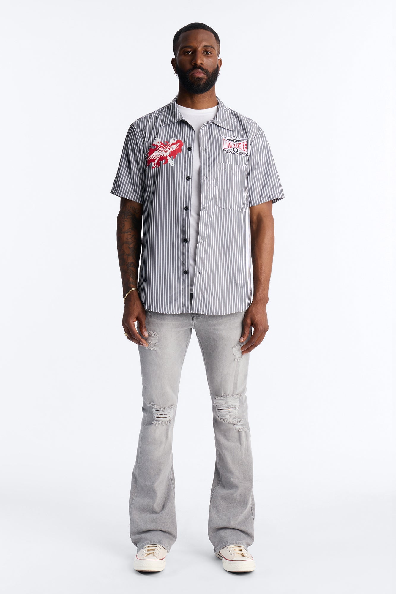 Essential Destroyed Stacked Slim Flare Stretch Jean - Grey