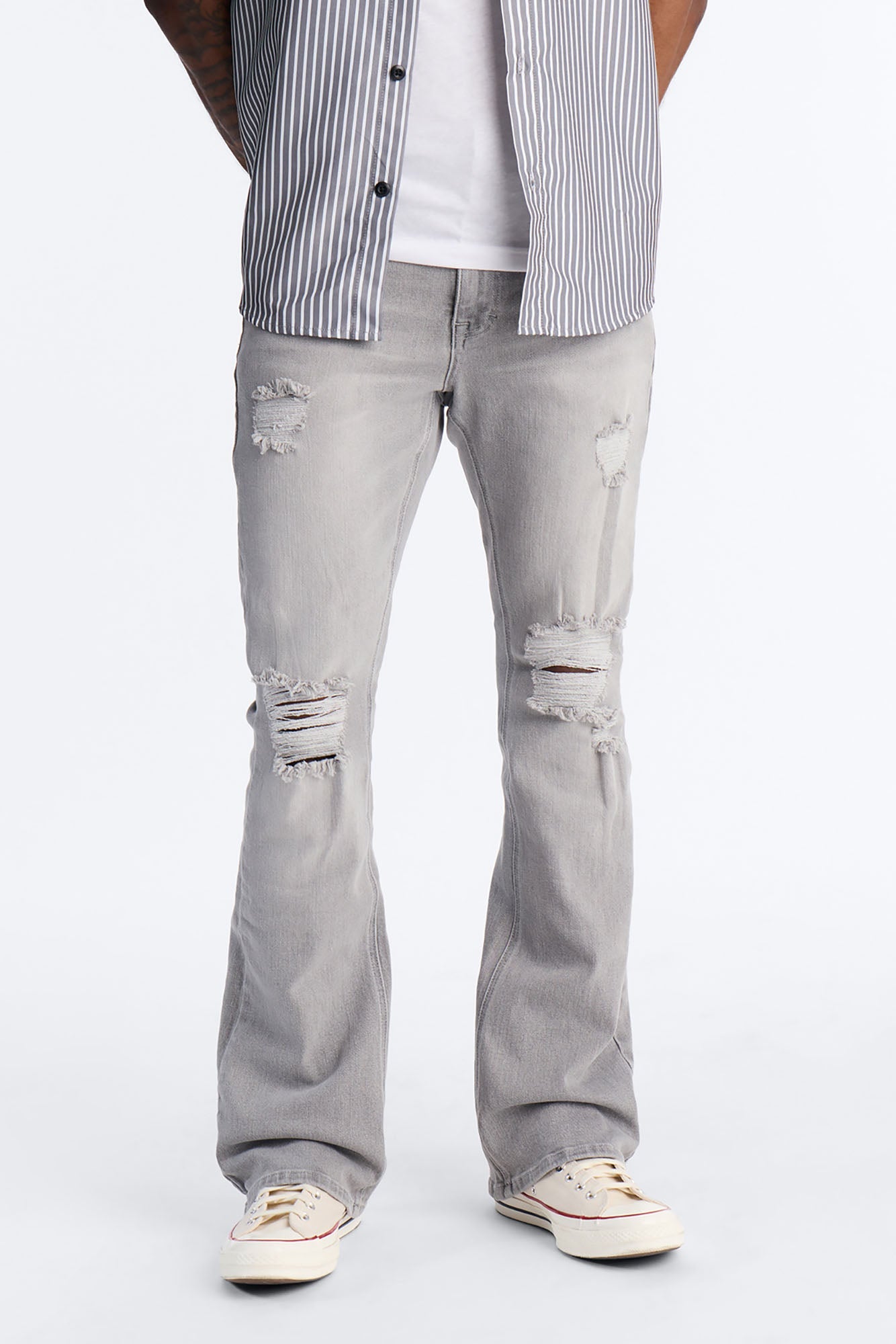 Essential Destroyed Stacked Slim Flare Stretch Jean - Grey