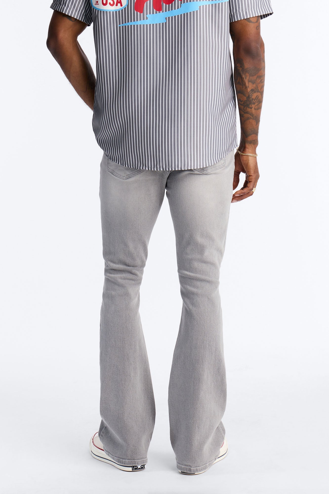 Essential Destroyed Stacked Slim Flare Stretch Jean - Grey