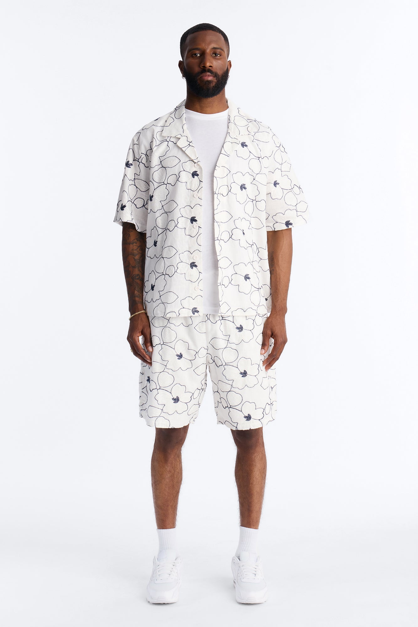 Relaxed Sand Blossom Cuban Collar Button Up Shirt - White/combo
