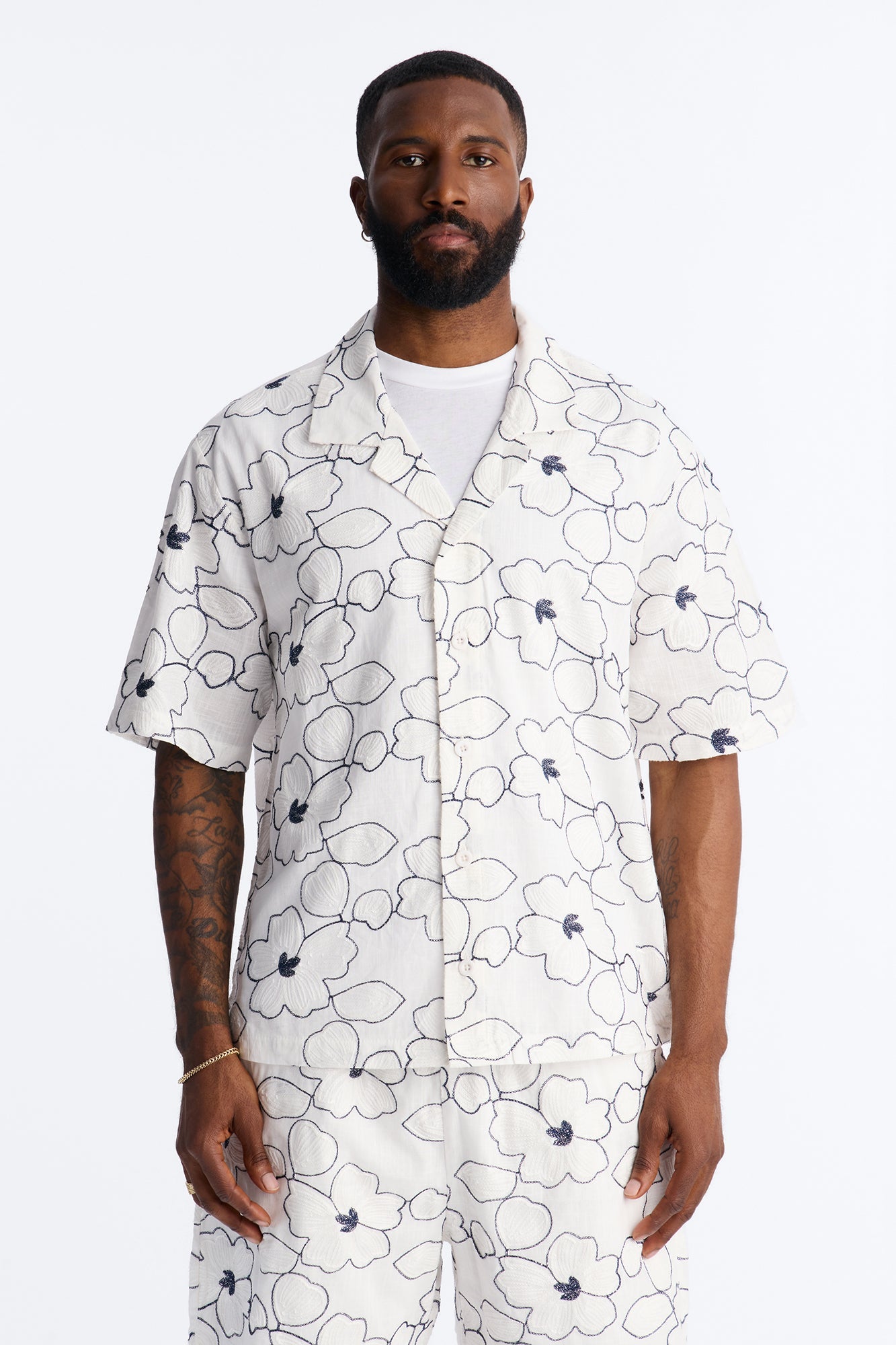 Relaxed Sand Blossom Cuban Collar Button Up Shirt - White/combo