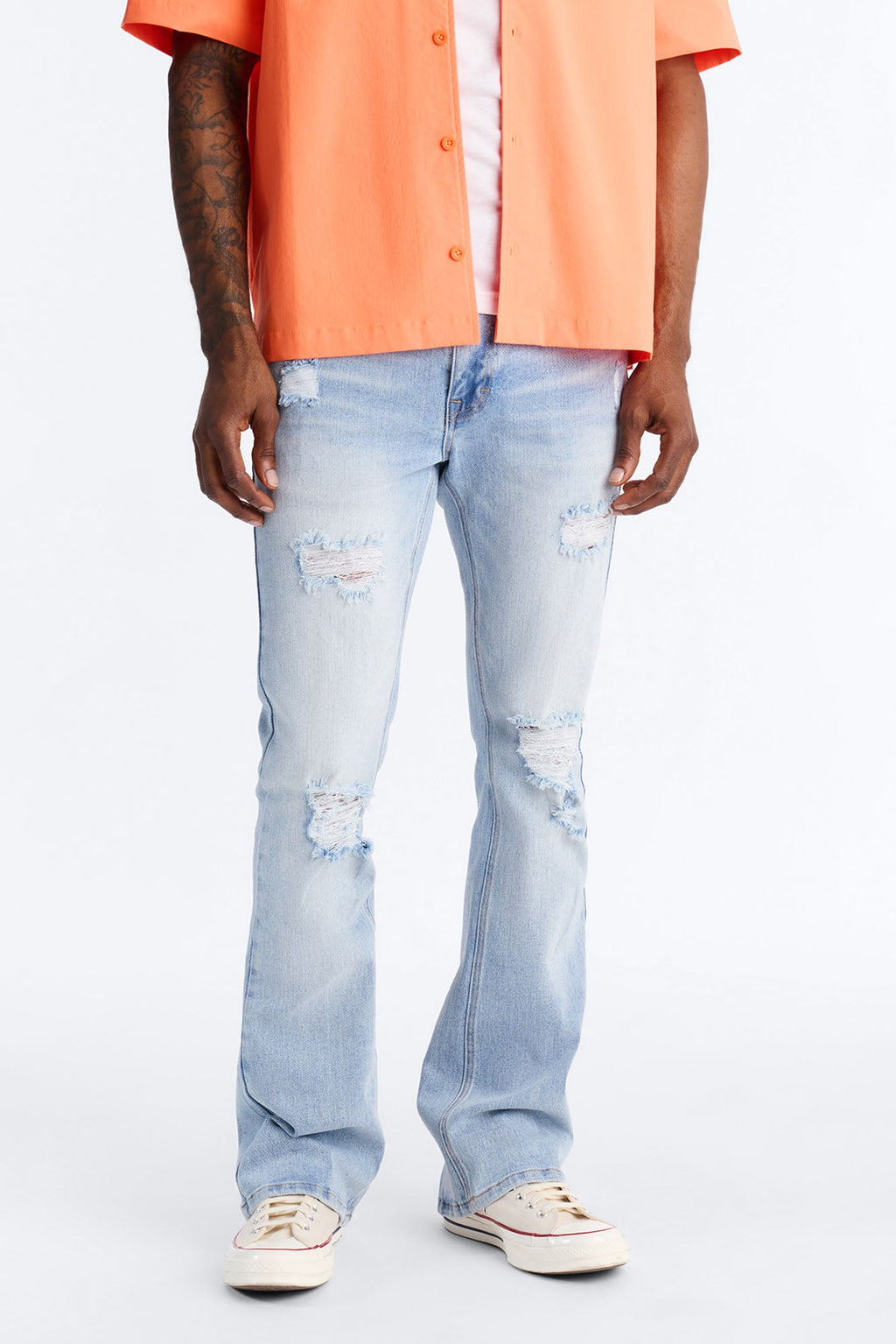 Essential Destroyed Stacked Skinny Flare Stretch Jean - Light Blue Wash