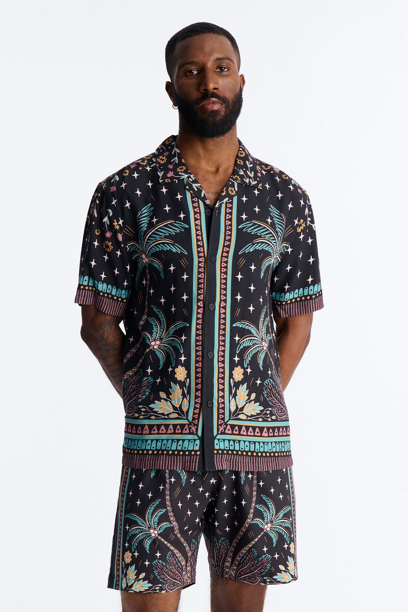 Tropical Twilight Resort Short Sleeve Cuban Collar Shirt - Black