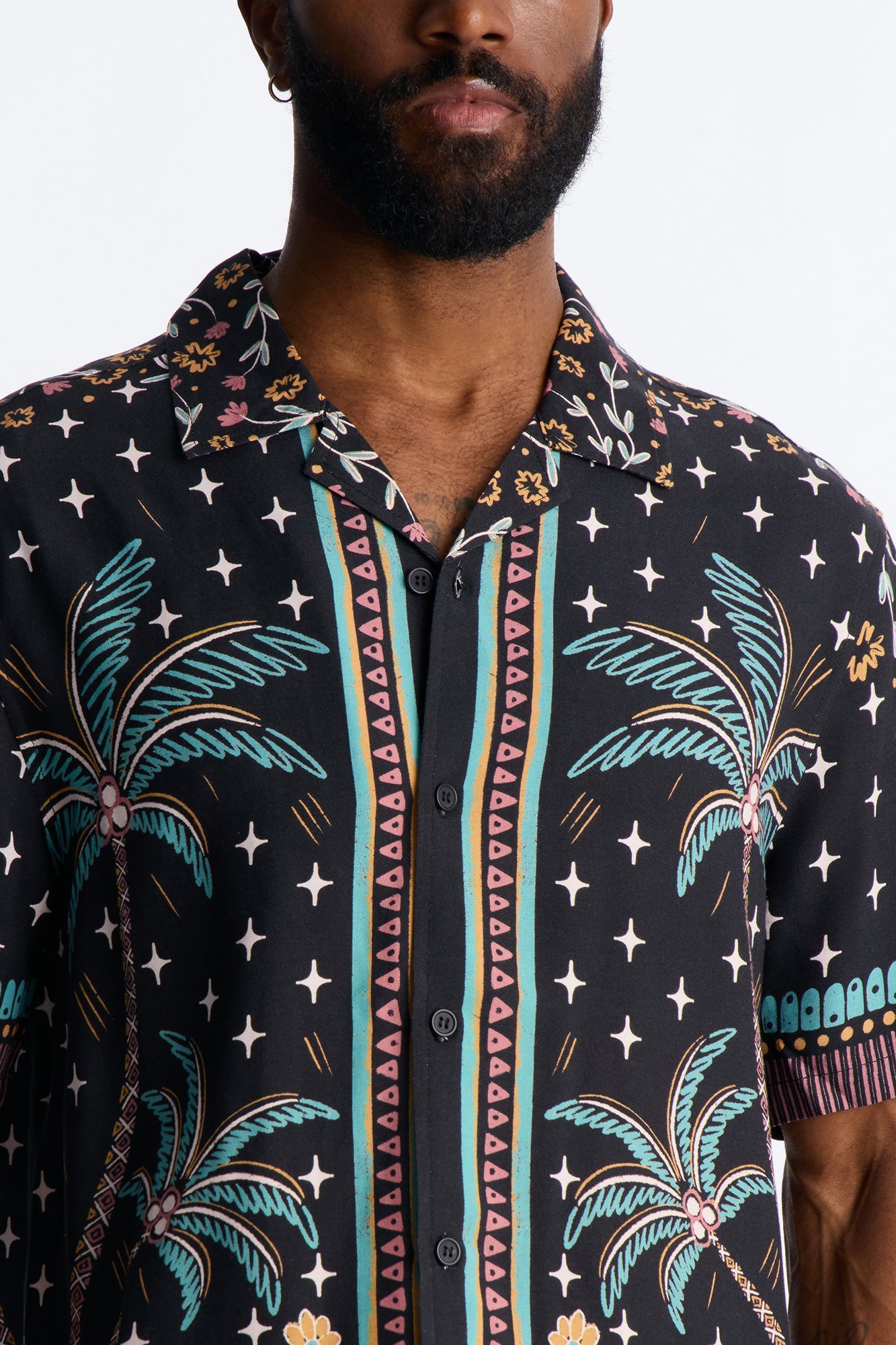 Tropical Twilight Resort Short Sleeve Cuban Collar Shirt - Black