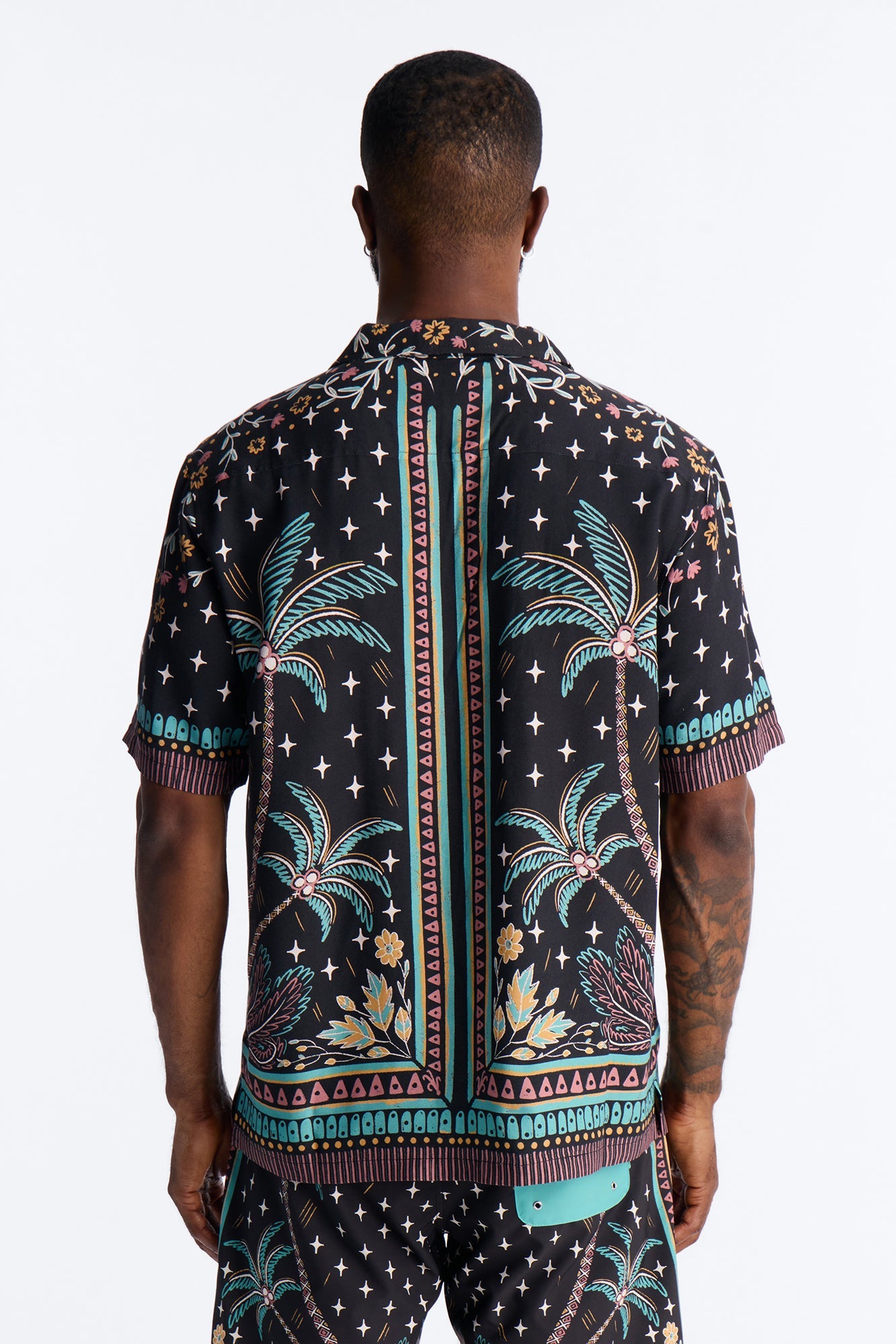 Tropical Twilight Resort Short Sleeve Cuban Collar Shirt - Black
