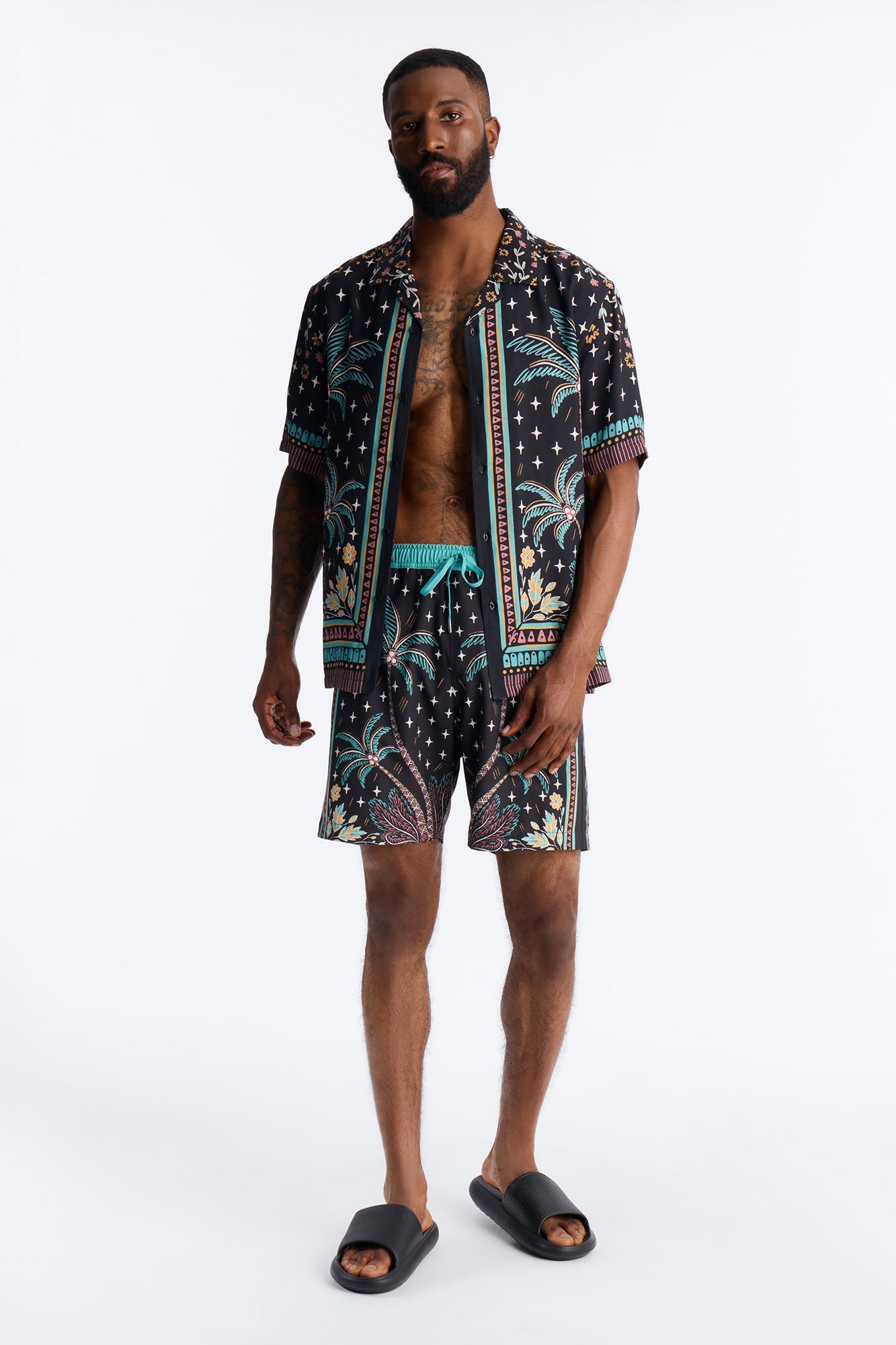 Tropical Twilight Resort Short Sleeve Cuban Collar Shirt - Black