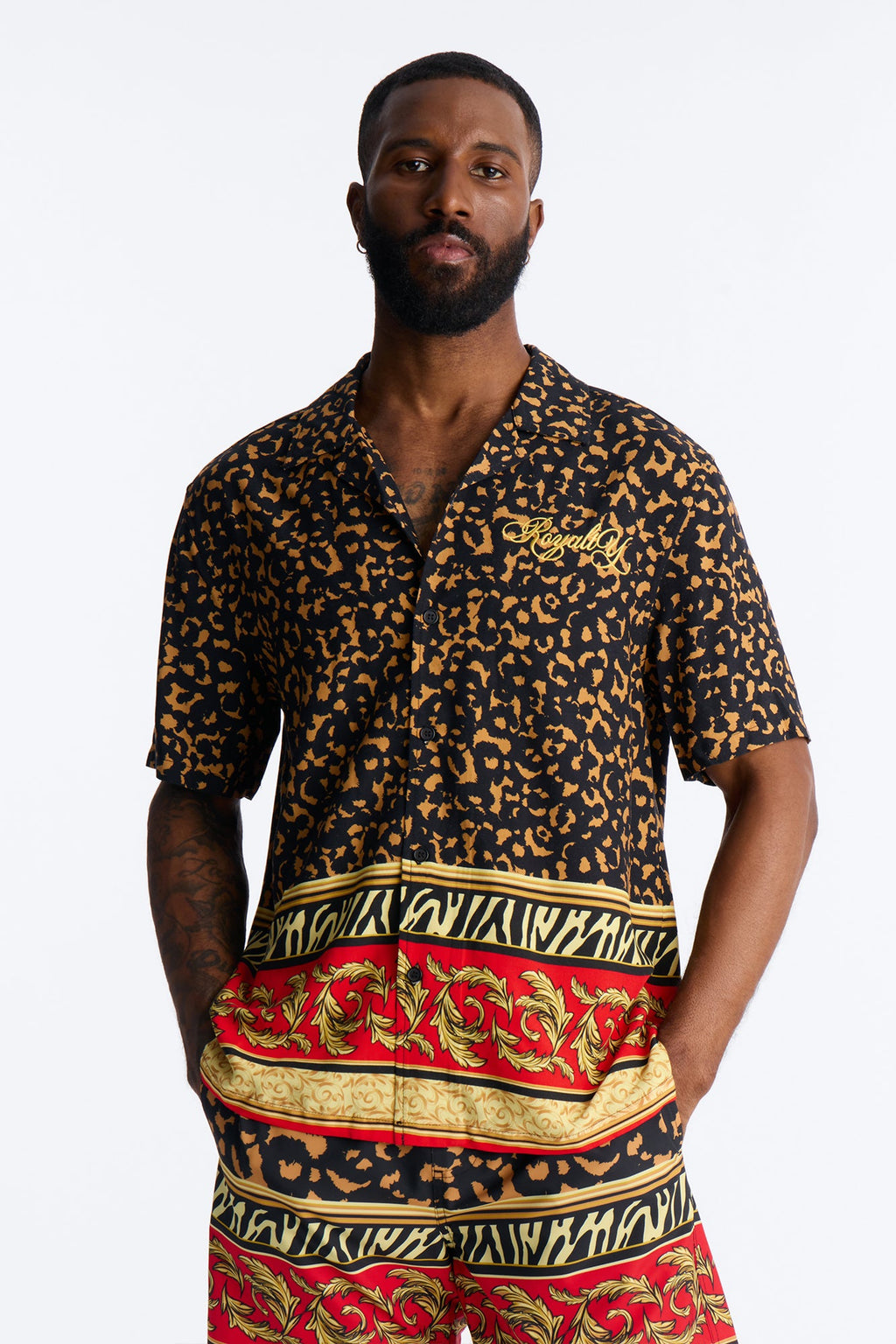 Animal Instincts Paneled Cuban Collar Short Sleeve Shirt - Leopard