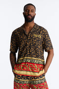 Animal Instincts Paneled Cuban Collar Short Sleeve Shirt - Leopard