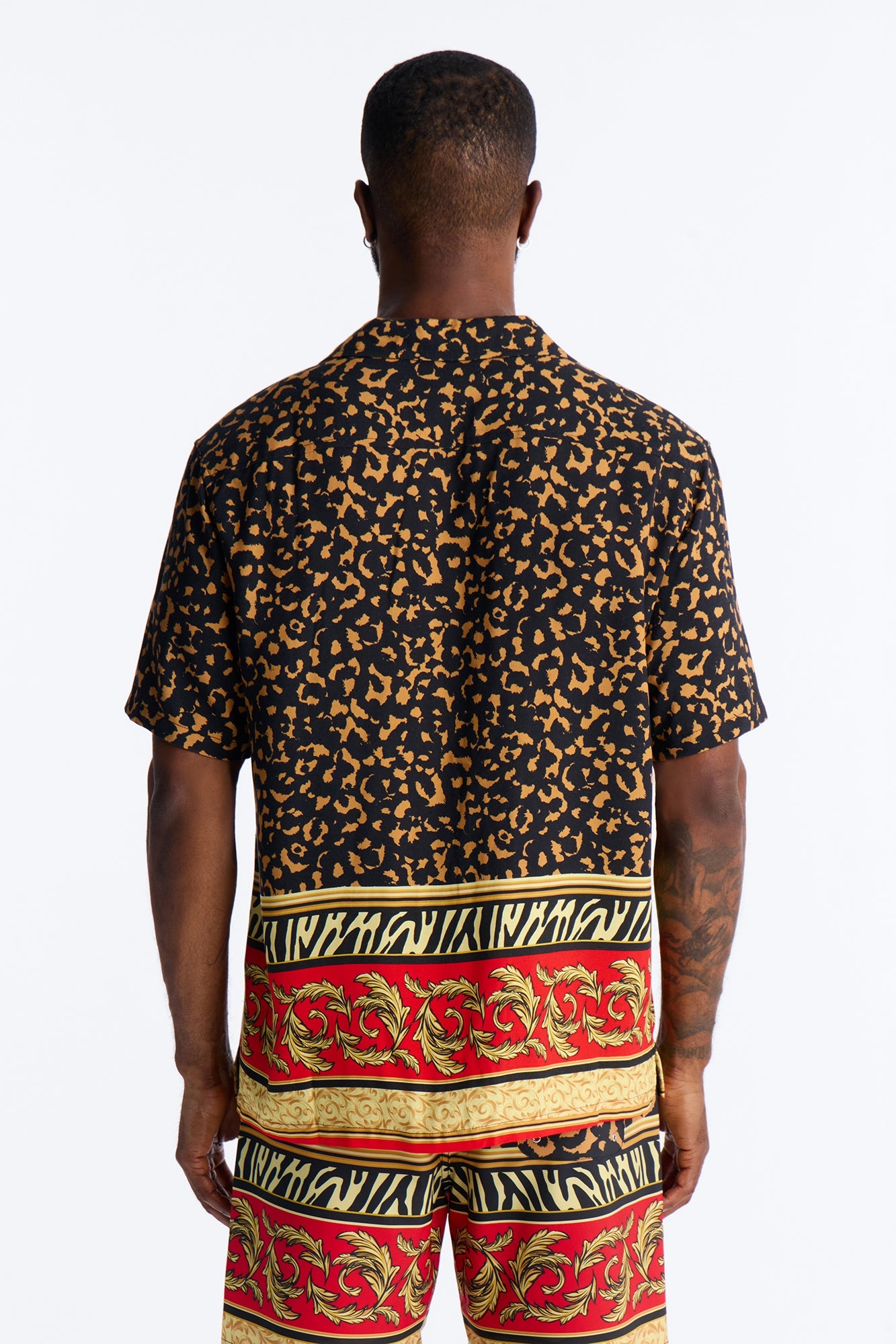 Animal Instincts Paneled Cuban Collar Short Sleeve Shirt - Leopard