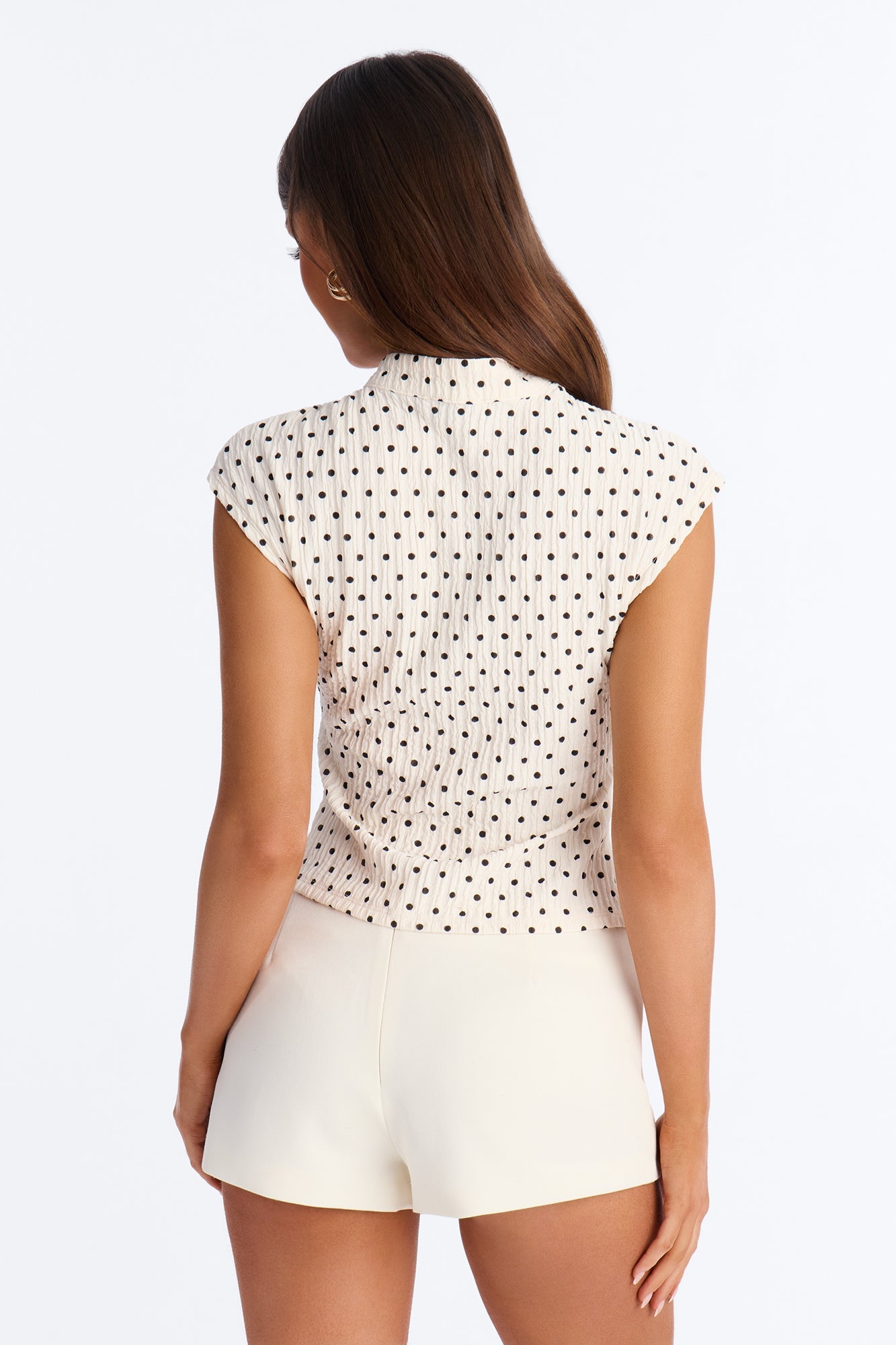 Mina Textured Polka Dot Mock Neck Short Sleeve Top - Cream/combo