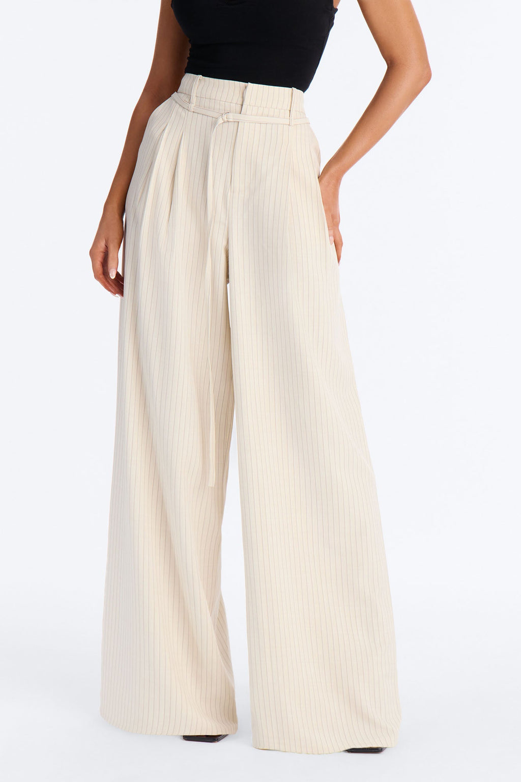 Old Money Feel Pinstripe Belted Trouser Pant 33″ - Beige