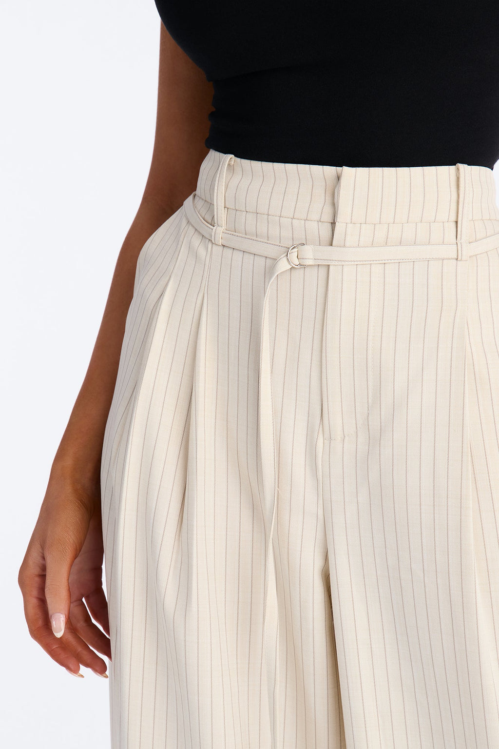 Old Money Feel Pinstripe Belted Trouser Pant 33″ - Beige
