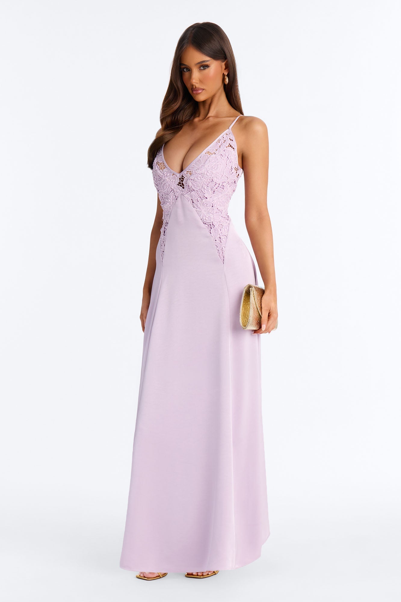 Analeigh Lace Satin Maxi Dress - Lavender