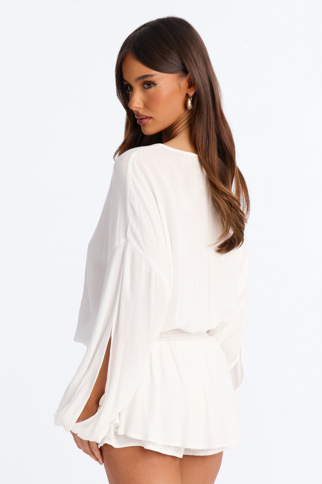 Layna Long Sleeve Flowy Romper - White