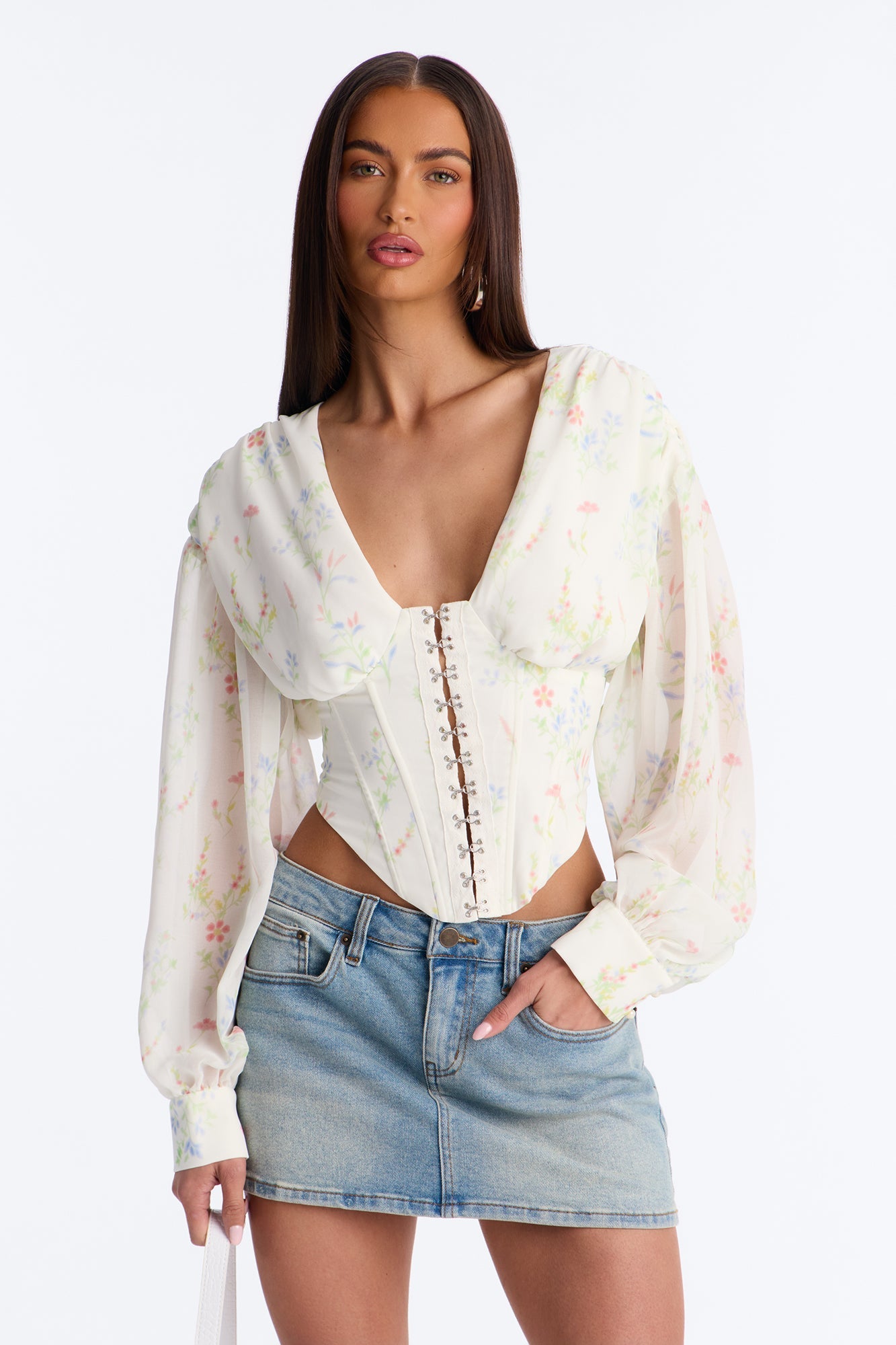 Darling Days Ruched Floral Chiffon Corset - Sage/combo