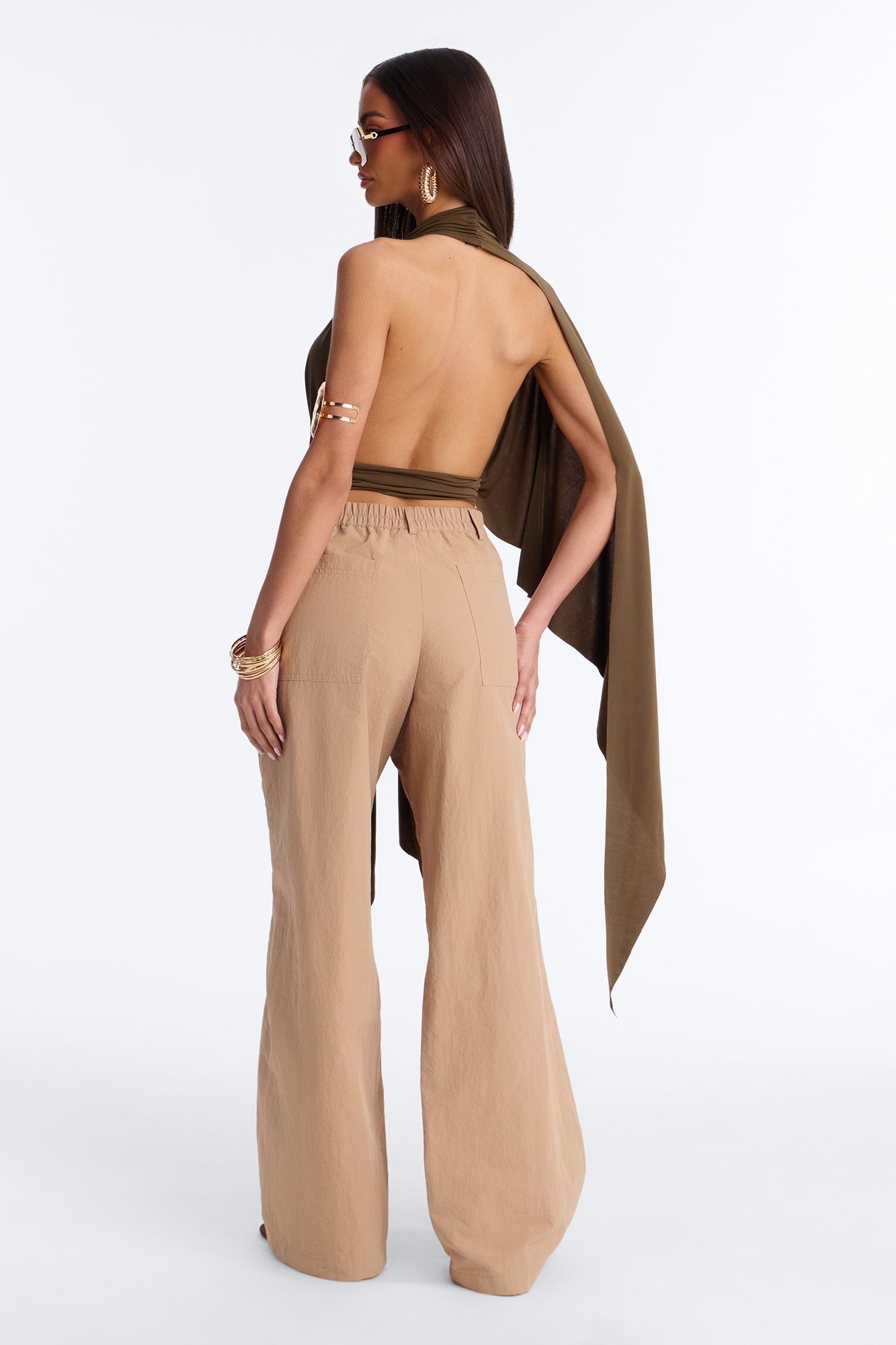 Bare In Bali Deep V-Neck Draped Short Sleeve Long Top - Olive